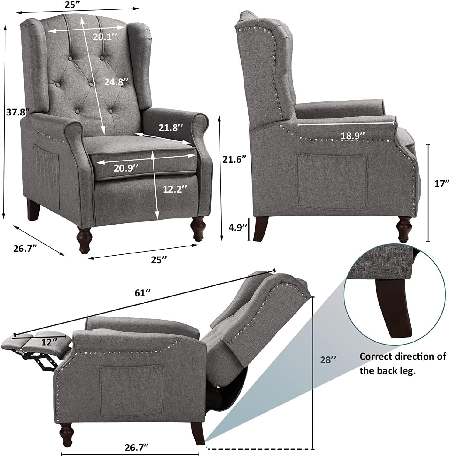 OQQOEE Wingback – Silla reclinable de tela, sillas decorativas con respaldo acolchado de diamante con respaldo ajustable y cojines acolchados