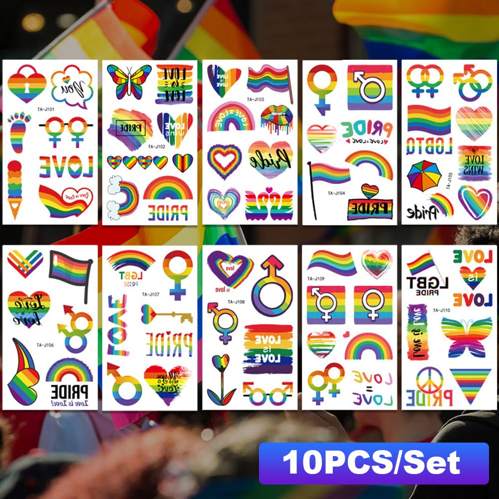 Calcomanías de tatuaje de orgullo gay, 71 piezas LGBT arco iris temporales tatuajes arco iris, mariposa, flor, corazón, amor, tatuajes para adultos,