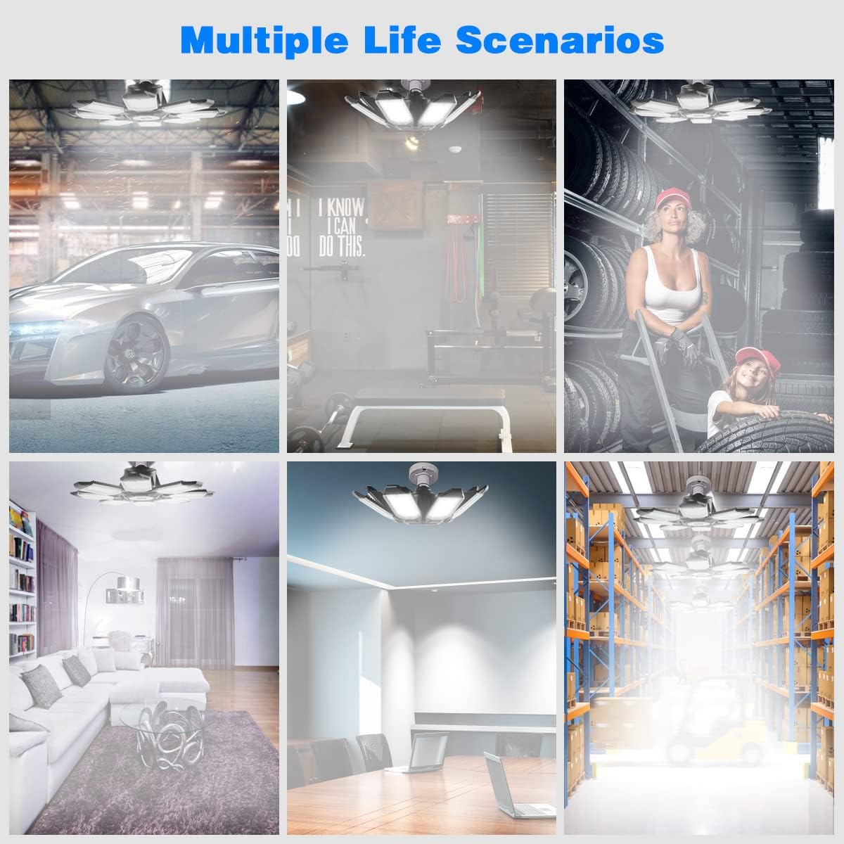 POLARPRA Luz LED de garaje  200 W 20000 lm súper brillante 6500 K luces de garaje LED de techo con 8 paneles ajustables compatibles con enchufe de