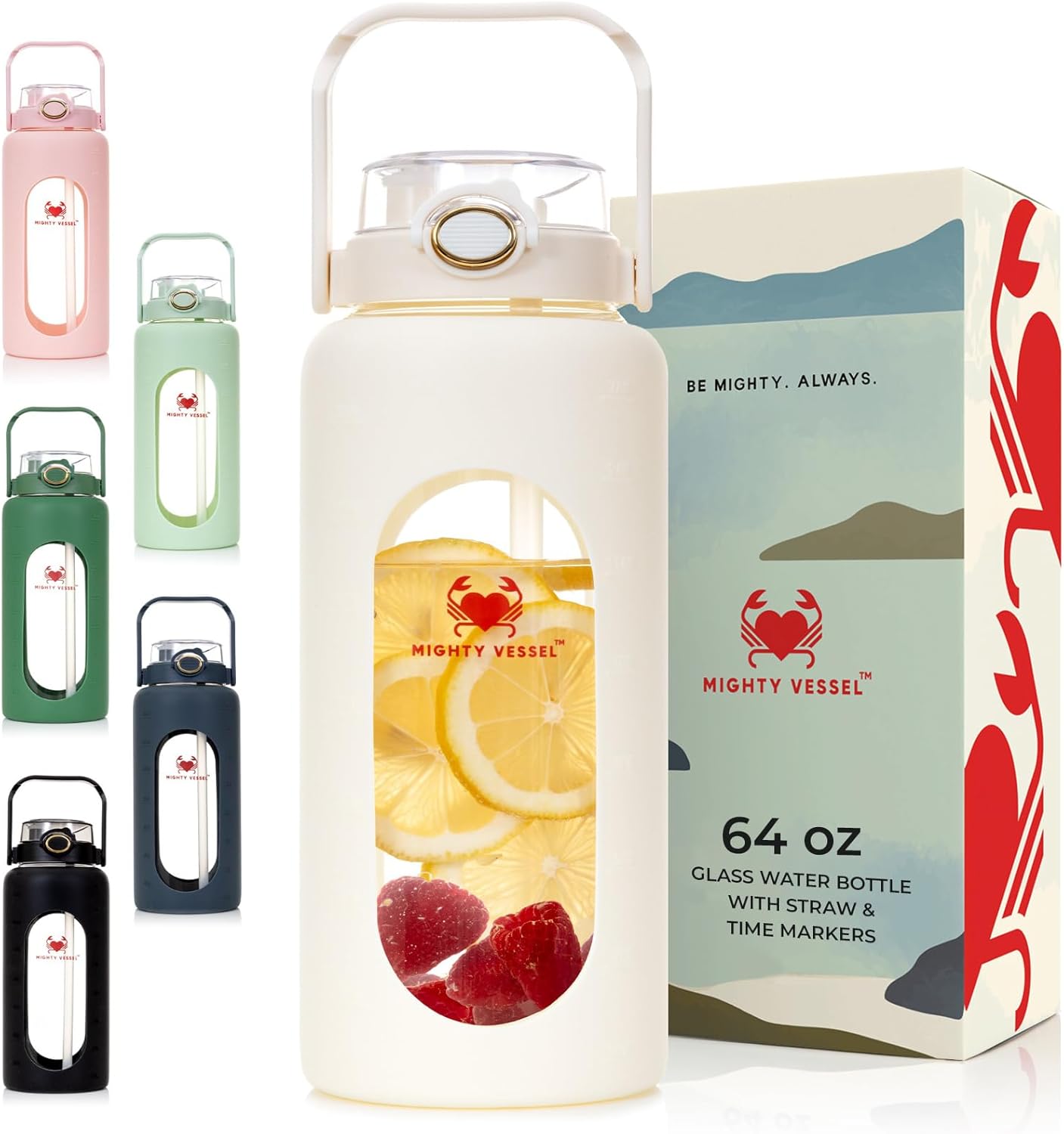 Botella de agua de vidrio de 64 onzas  Botella de agua blanca con popote y marcador de tiempo  Botella de agua de medio galón con medidas y funda de