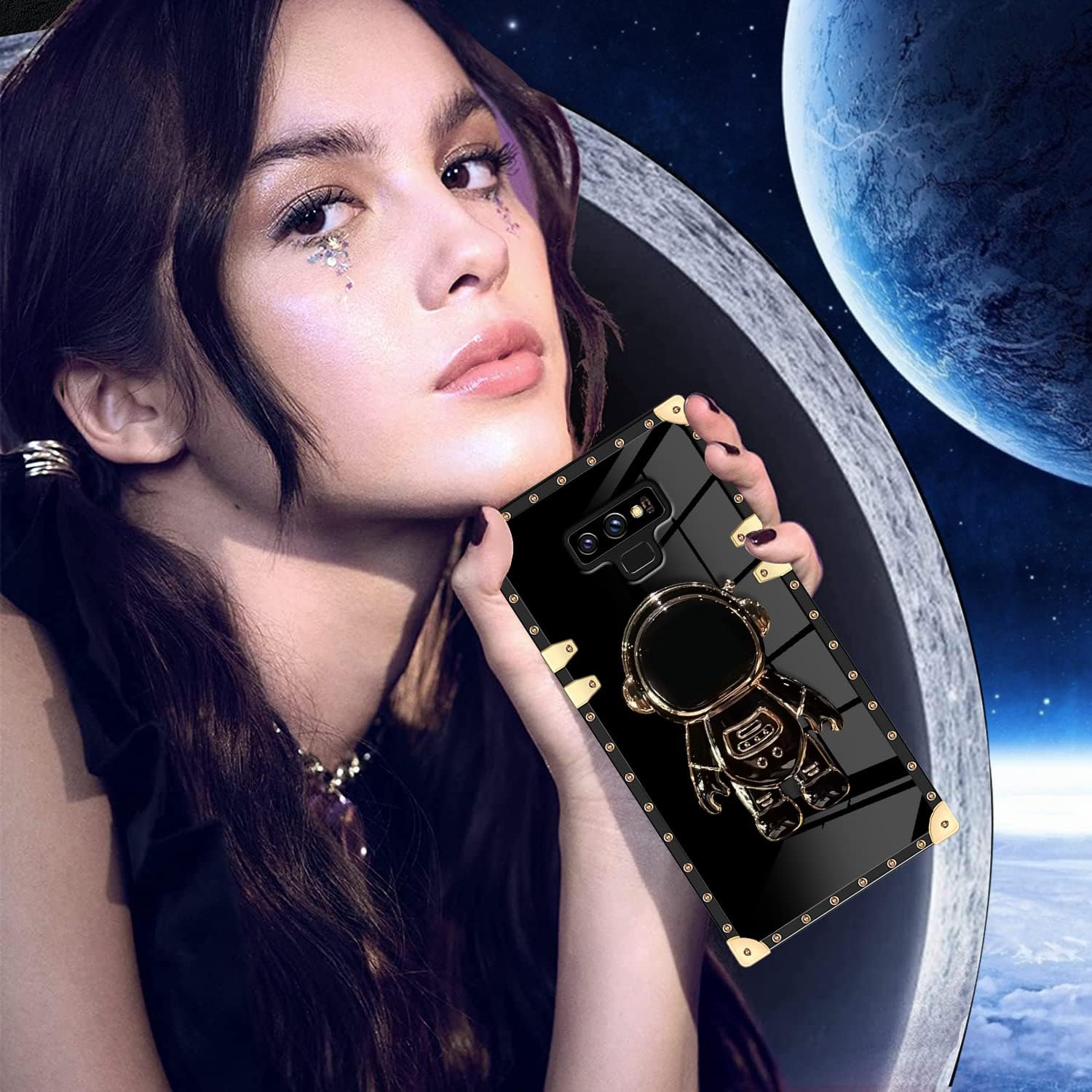 Funda protectora de TPU con soporte oculto de astronauta para Samsung Galaxy Note 9, chapado en 6D, diseño de astronauta, diseño de dibujos