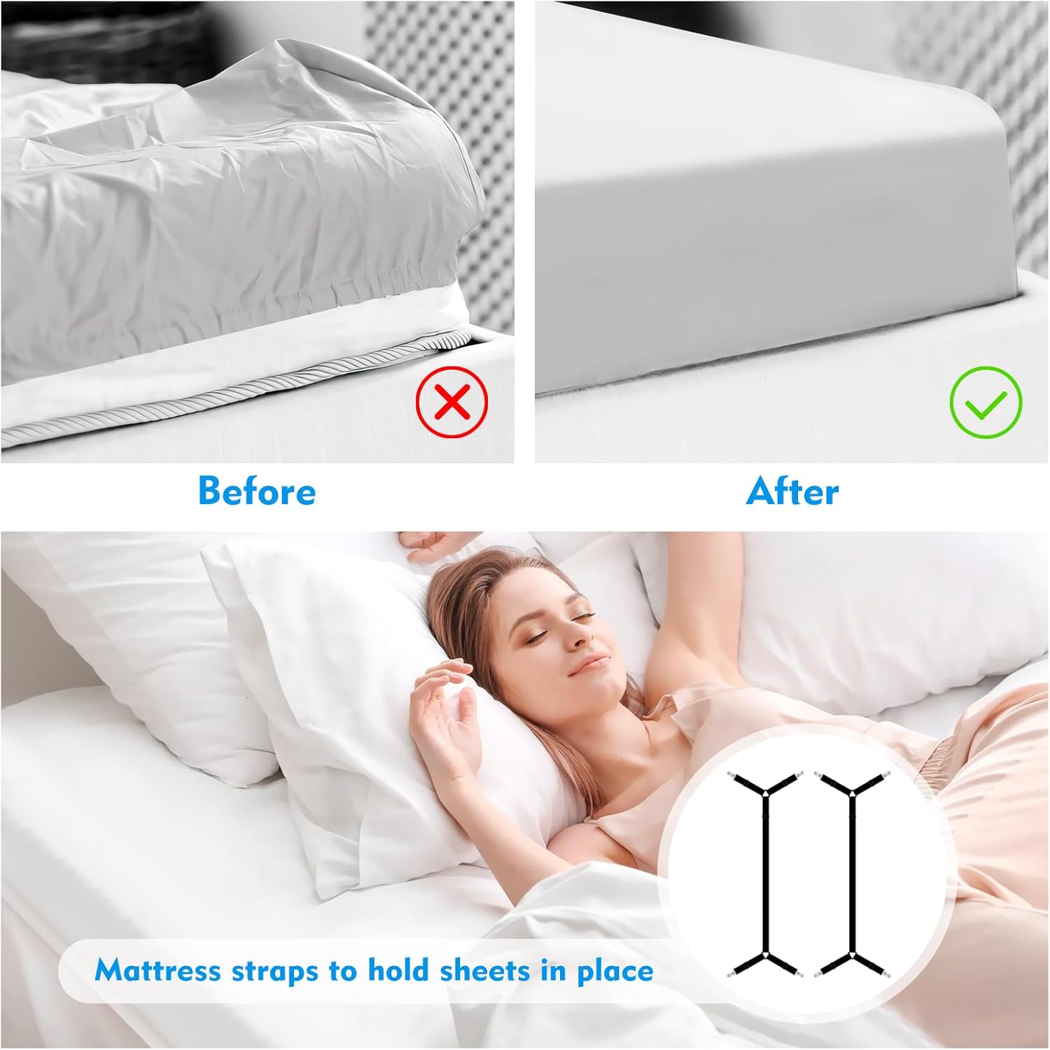 Correas de sábanas, 2 correas elásticas ajustables para sujetar las sábanas en su lugar con clips de metal, soportes de sábanas para funda de