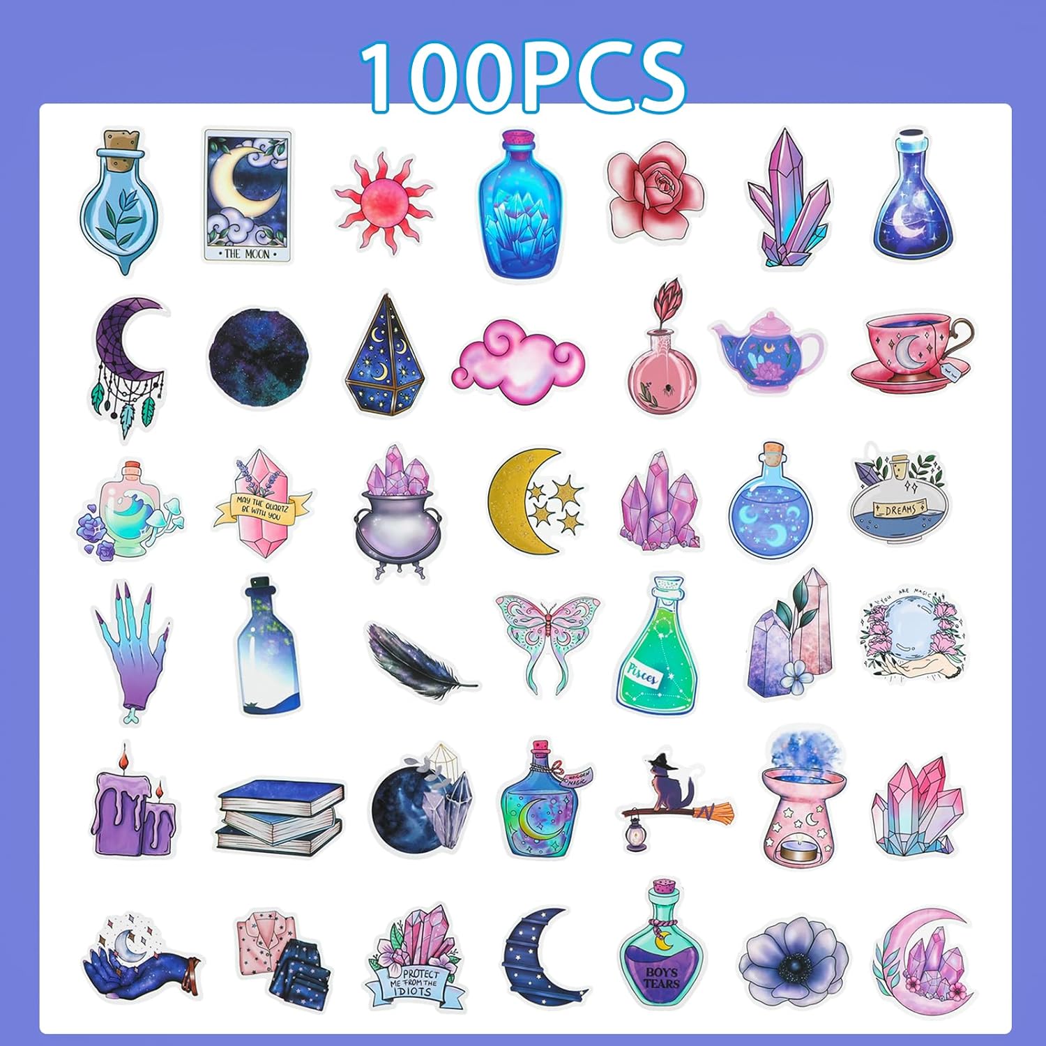 100 calcomanías mágicas de luna de medianoche para botellas de agua, paquetes de calcomanías de bruja morada para adolescentes, calcomanías de