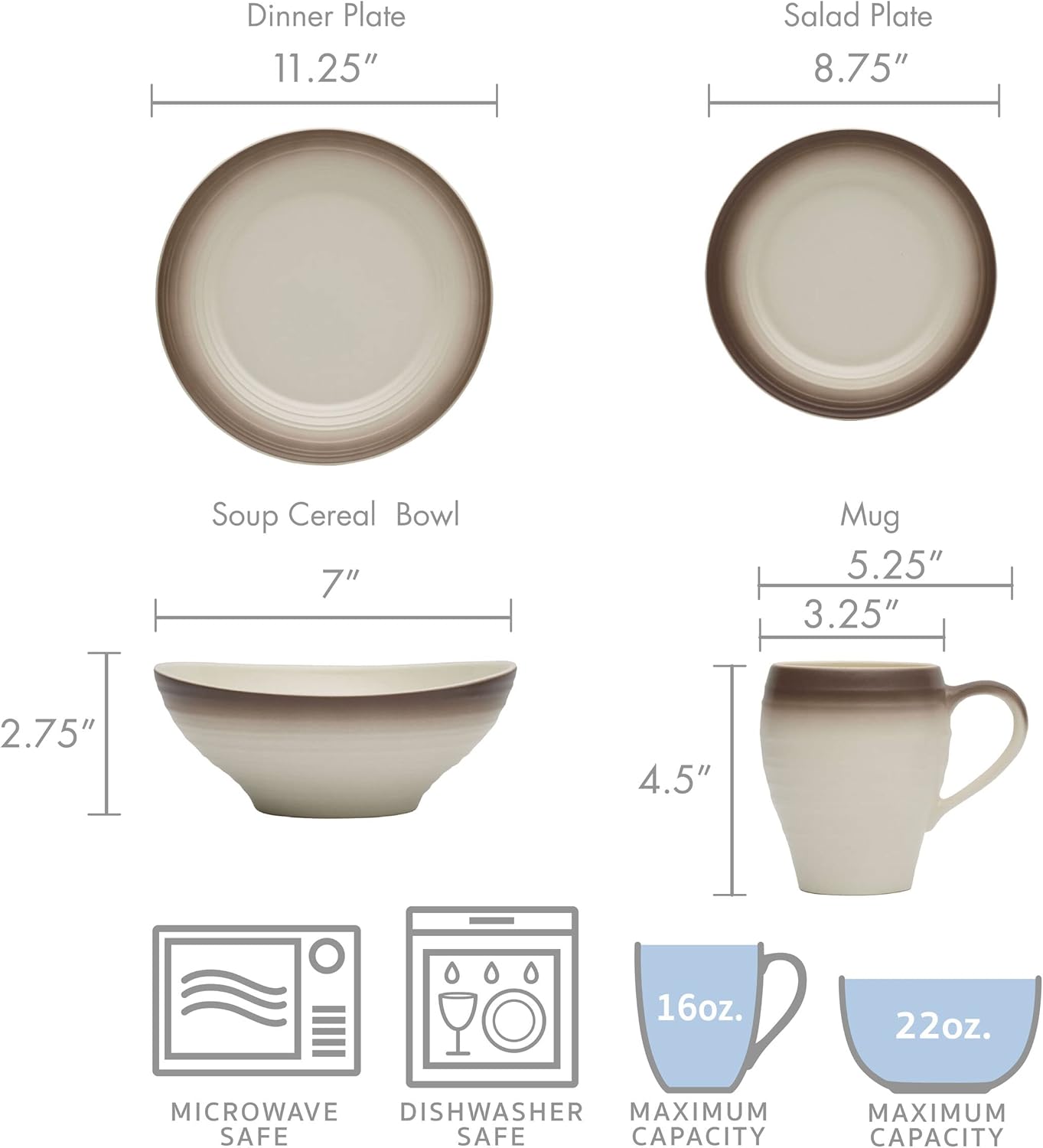 Mikasa Swirl White – Juego de 4 piezas, servicio para 1, con bandas de moca ombré