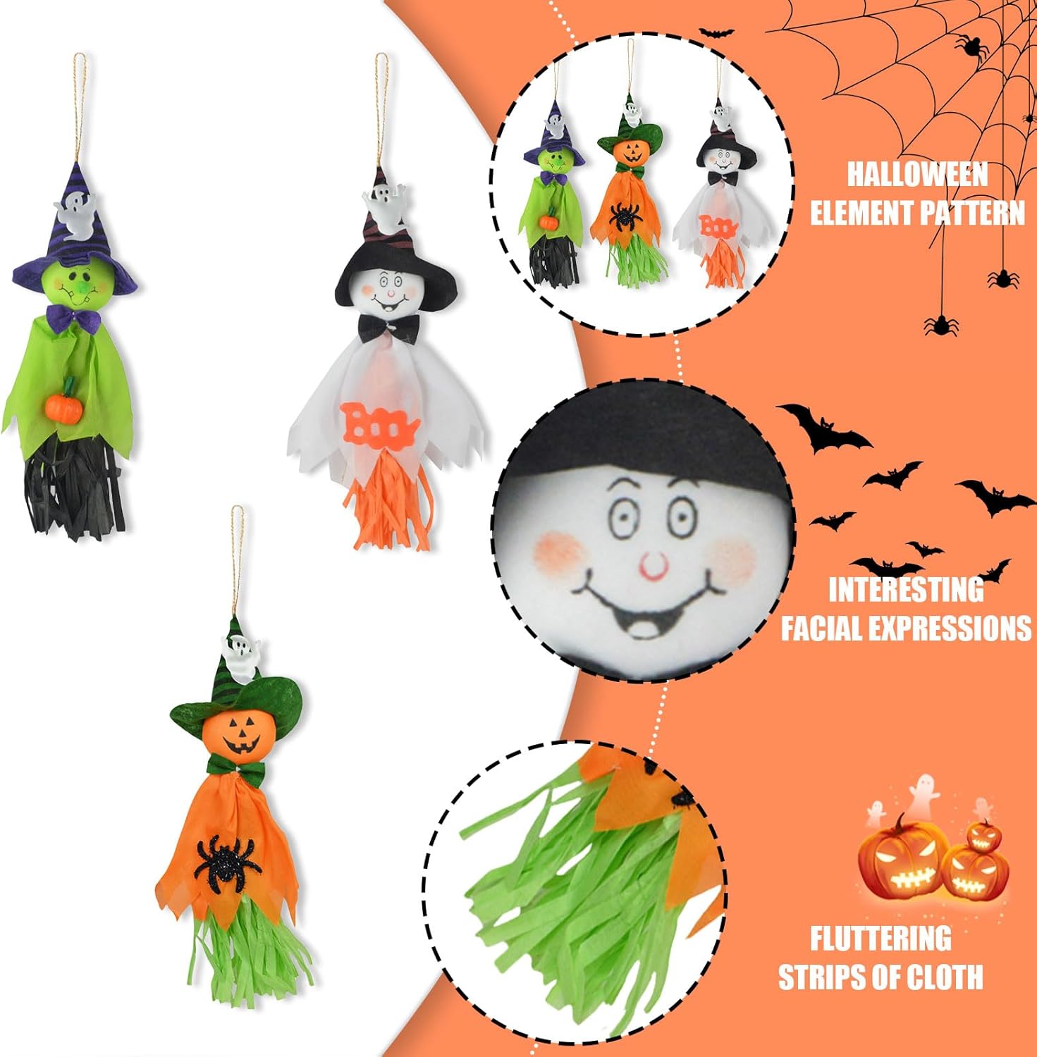 Decoraciones colgantes de fantasma de Halloween, 3 piezas de lindo colgante de paja de fantasma volador, adornos colgantes de Halloween para patio