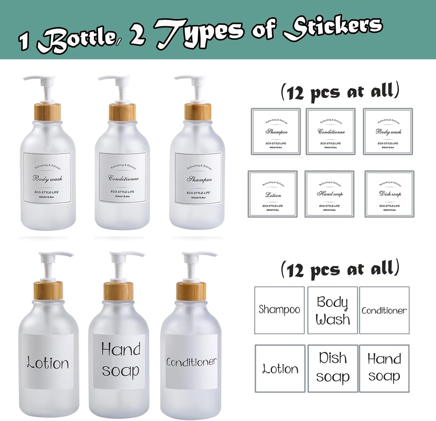 Juego de 6 dispensadores de champú y acondicionador, elegante dispensador de champú y acondicionador recargable de 16.9 onzas, dispensador de