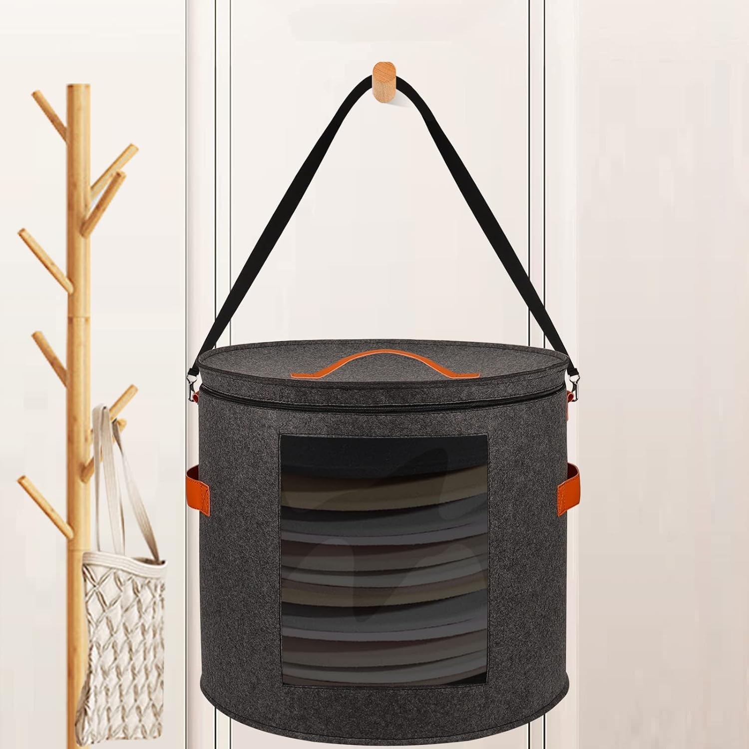 Oversized Hat Storage Box for Women & Men19″ D x 17″ H Cowboy Hat Boxes with 1 Wood Hook Felt travel Round Hat Organizer Box with Dustproof Lid
