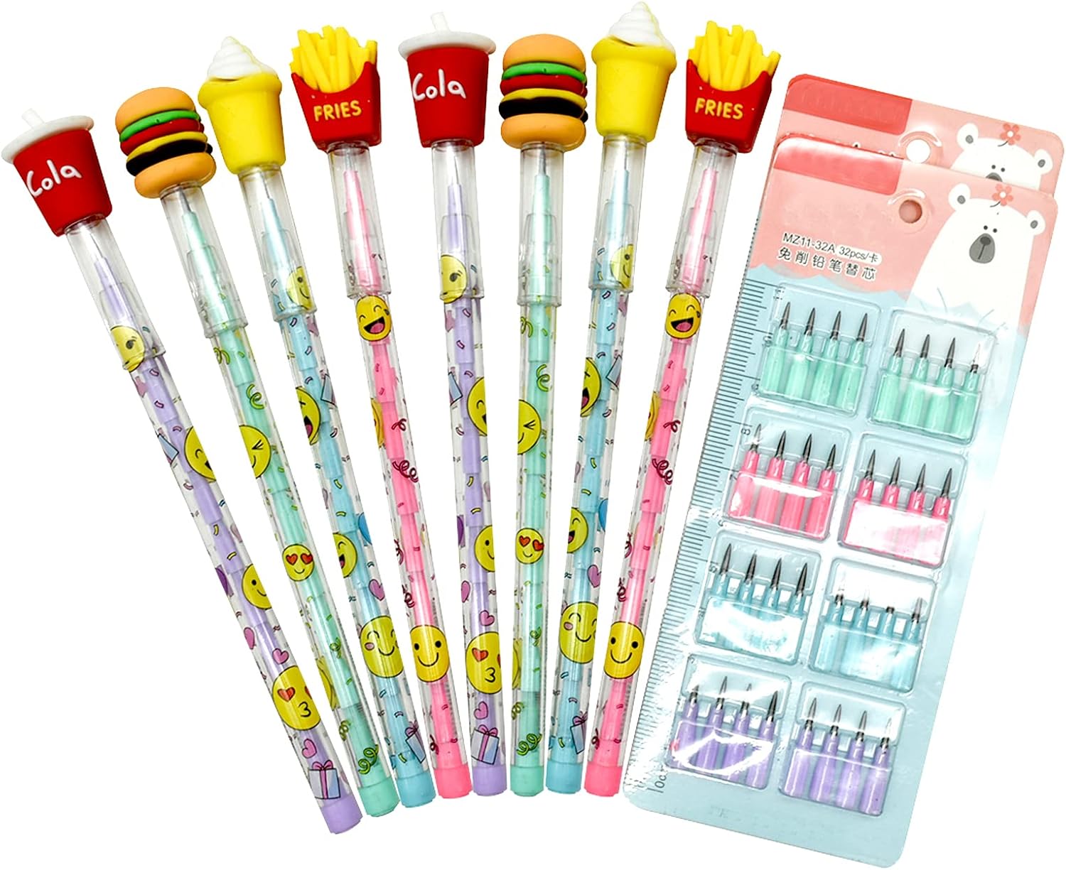 Lopenle 12 lápices de comida novedosos sin afilar, lápices apilables, papas fritas, hamburguesas, helado, lápices de cola con 64 puntas para