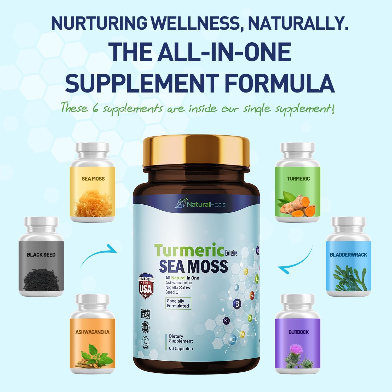 Musgo marino 3000 mg Aceite de semilla negra 2000 mg Ashwagandha 1000 mg Cúrcuma 1000 mg Bladderwrack 1000 mg Bardana 1000 mg – 60 Cápsulas Made in