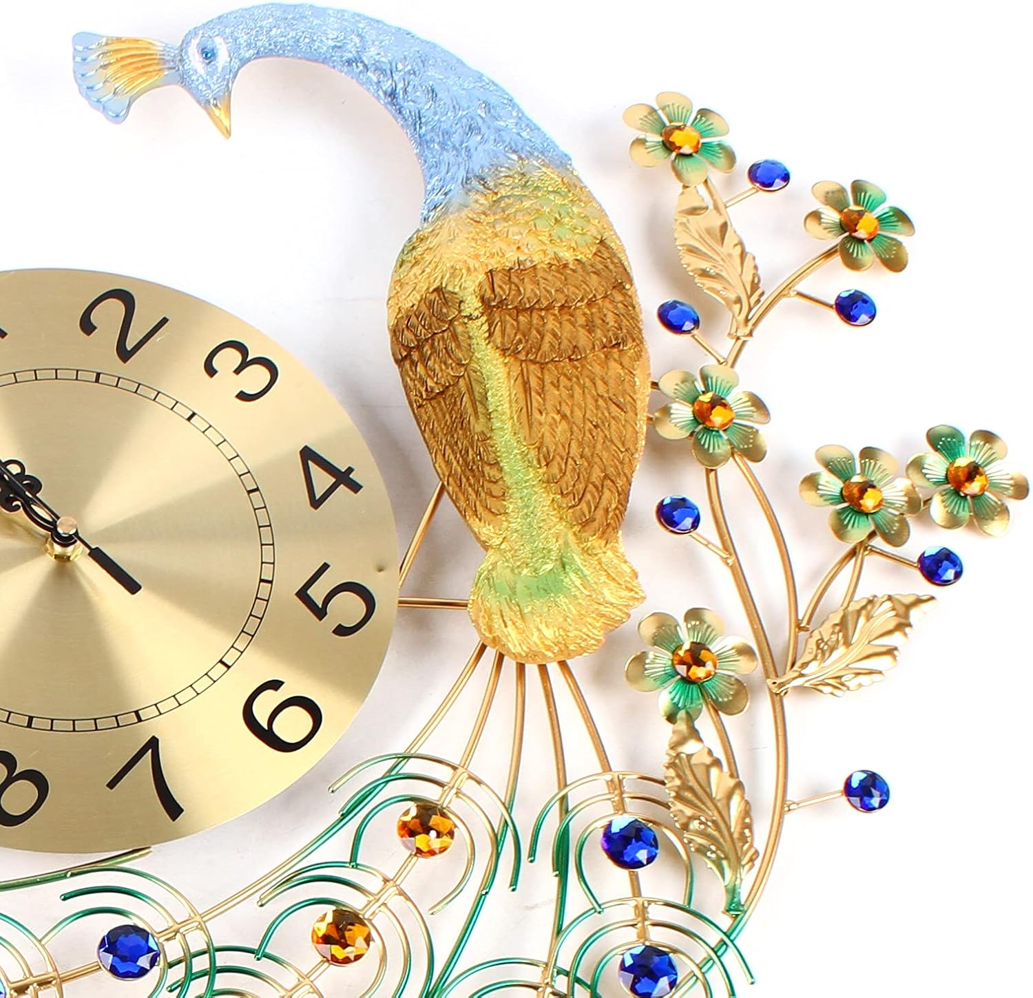 Large Peacock Wall Clock, 27.5 inch Luxury Peacock Clocks Silent Movement Wrought Iron and Metal Dial 3D Silent Wall Clocks Battery Operated Large