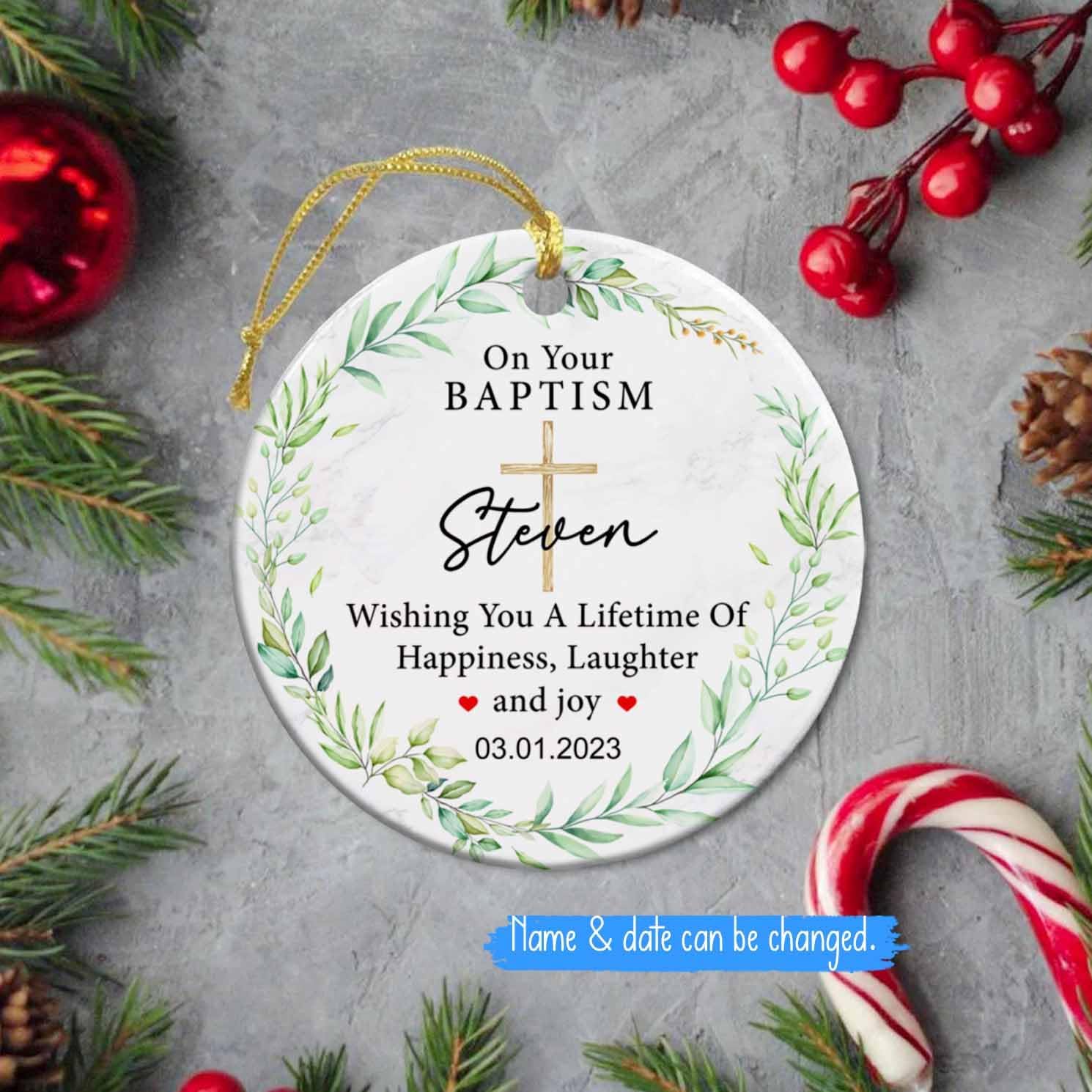Adorno de cerámica de Navidad con texto en inglés On Your Bautismo, adorno personalizado de bautismo, recuerdo de bautizo, adorno de cerámica