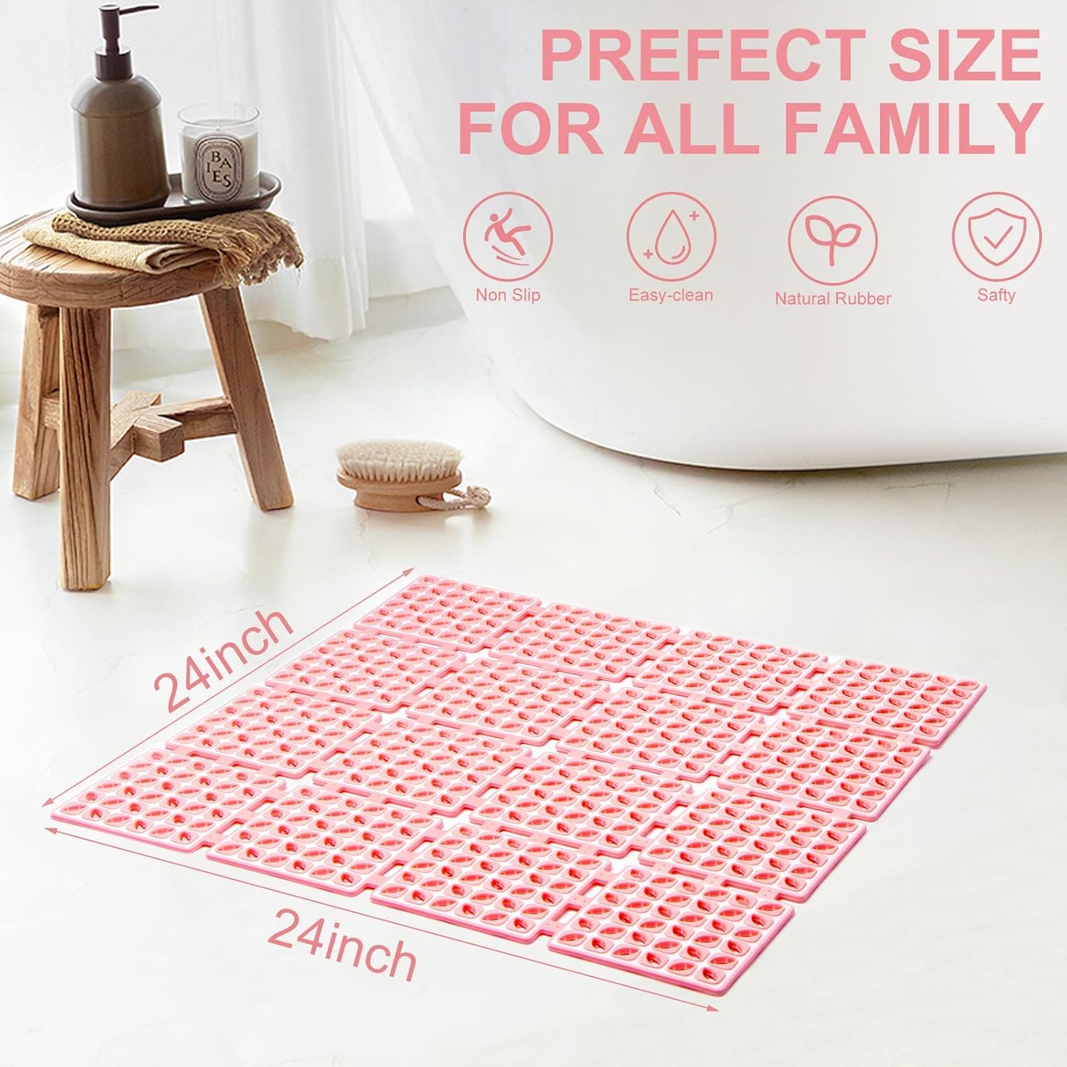 Tapete de ducha antideslizante, 24 x 24 pulgadas, tapete cuadrado antideslizante para ducha interior con orificios de drenaje, ventosas, drenaje