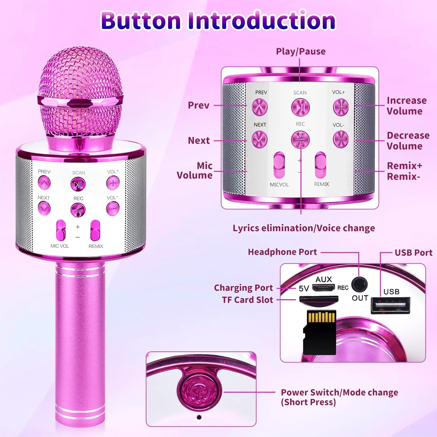 Micrófono de karaoke para niños, micrófono inalámbrico Bluetooth 5 en 1, micrófono de karaoke portátil de mano con altavoz, grabadora de juguetes