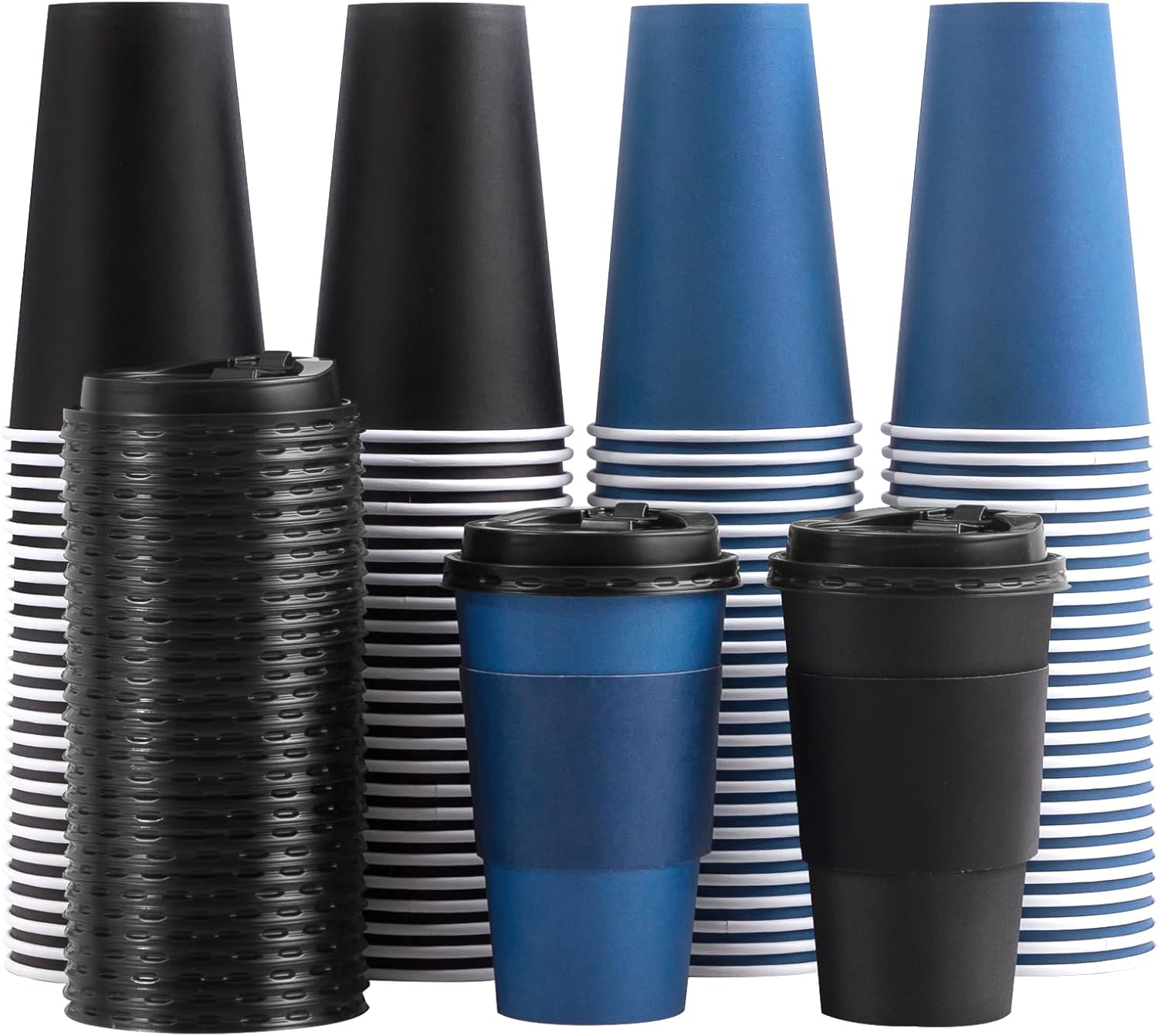 SIUQ Paquete de 100 tazas de café desechables de 16 onzas con tapas y mangas, vasos de papel para bebidas calientes y frías, café, agua, chocolate