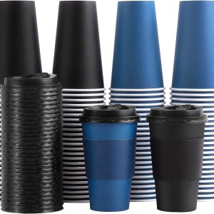 SIUQ Paquete de 100 tazas de café desechables de 16 onzas con tapas y mangas, vasos de papel para bebidas calientes y frías, café, agua, chocolate SIUQ Paquete de 100 tazas de café desechables de 16 onzas con tapas y mangas, vasos de papel para bebidas calientes y frías, café, agua, chocolate