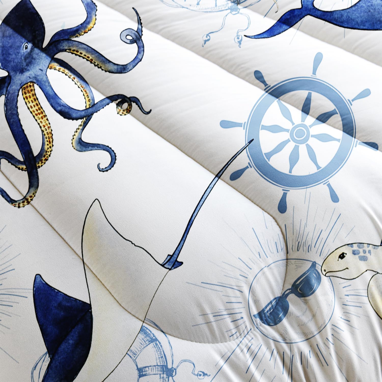 CVHOUSE Juego de edredón costero tamaño Queen, juego de ropa de cama con temática náutica azul para niños, juego de edredón de ancla oceánica, juego