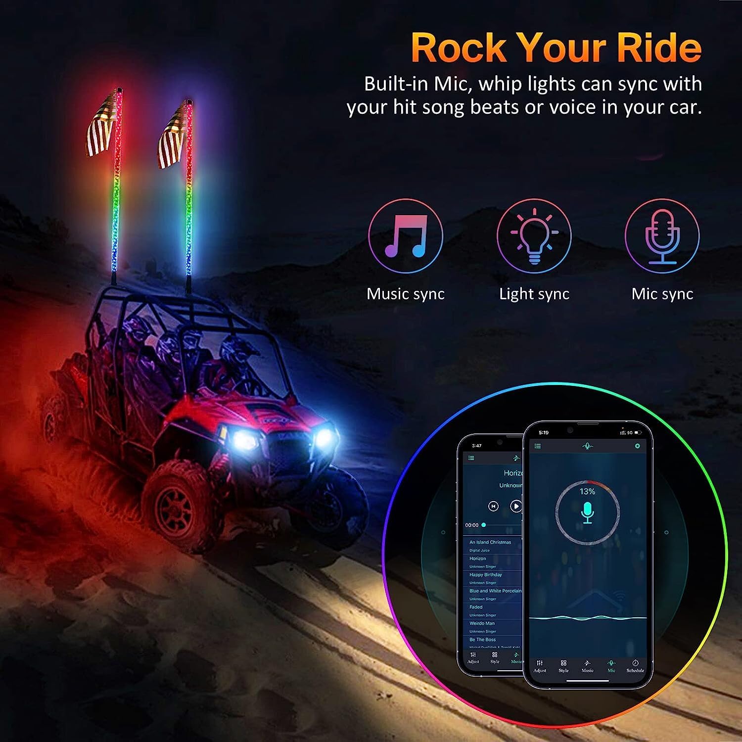 WOUII Con aplicación y control remoto, antena de persecución de música RGB en espiral iluminada, luz LED UTV para ATV puede ser SXS Polaris RZR