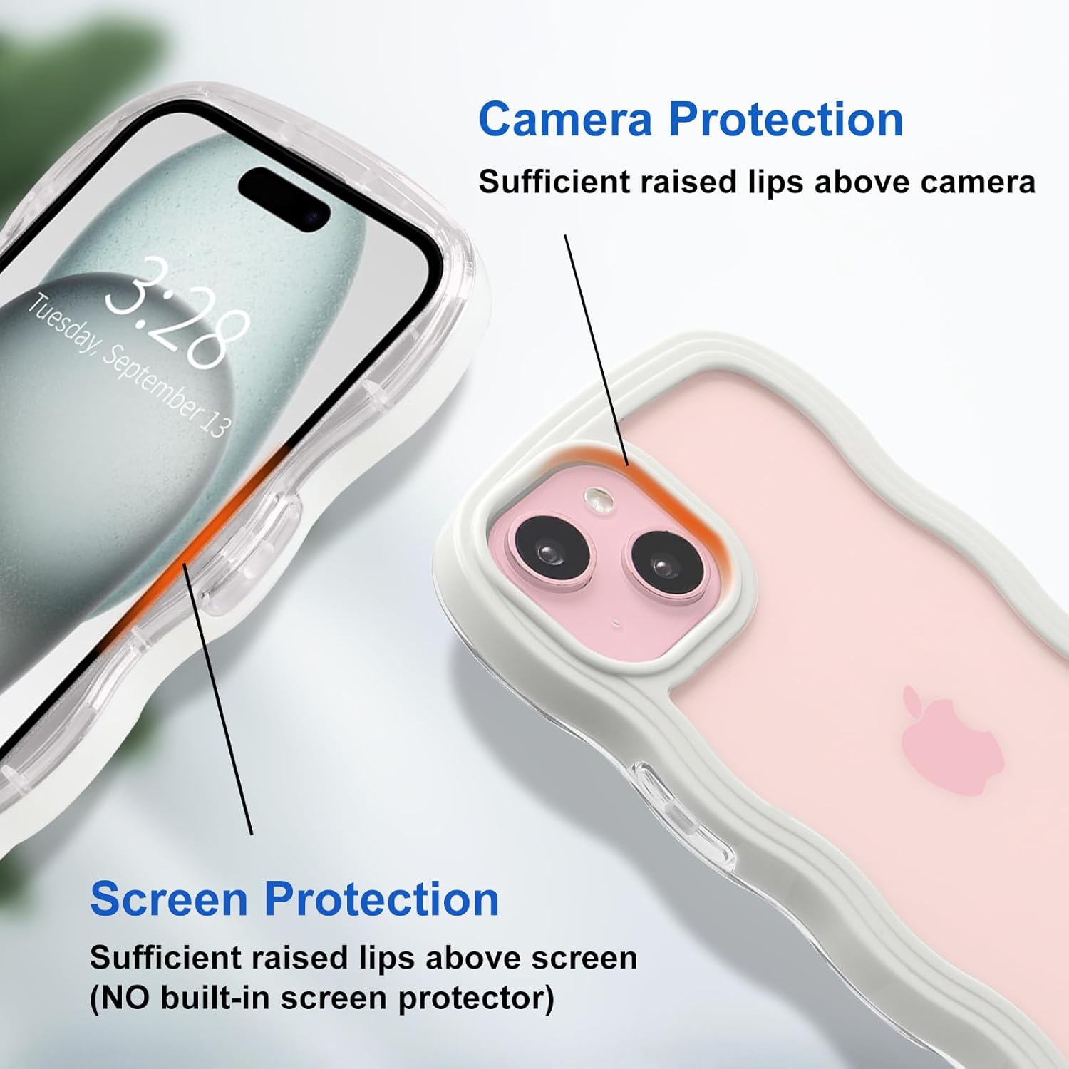 Anuck Funda para iPhone 15 con borde ondulado, diseño trasero transparente, agarre antideslizante, lindo marco ondulado, forma de marco rizado, a