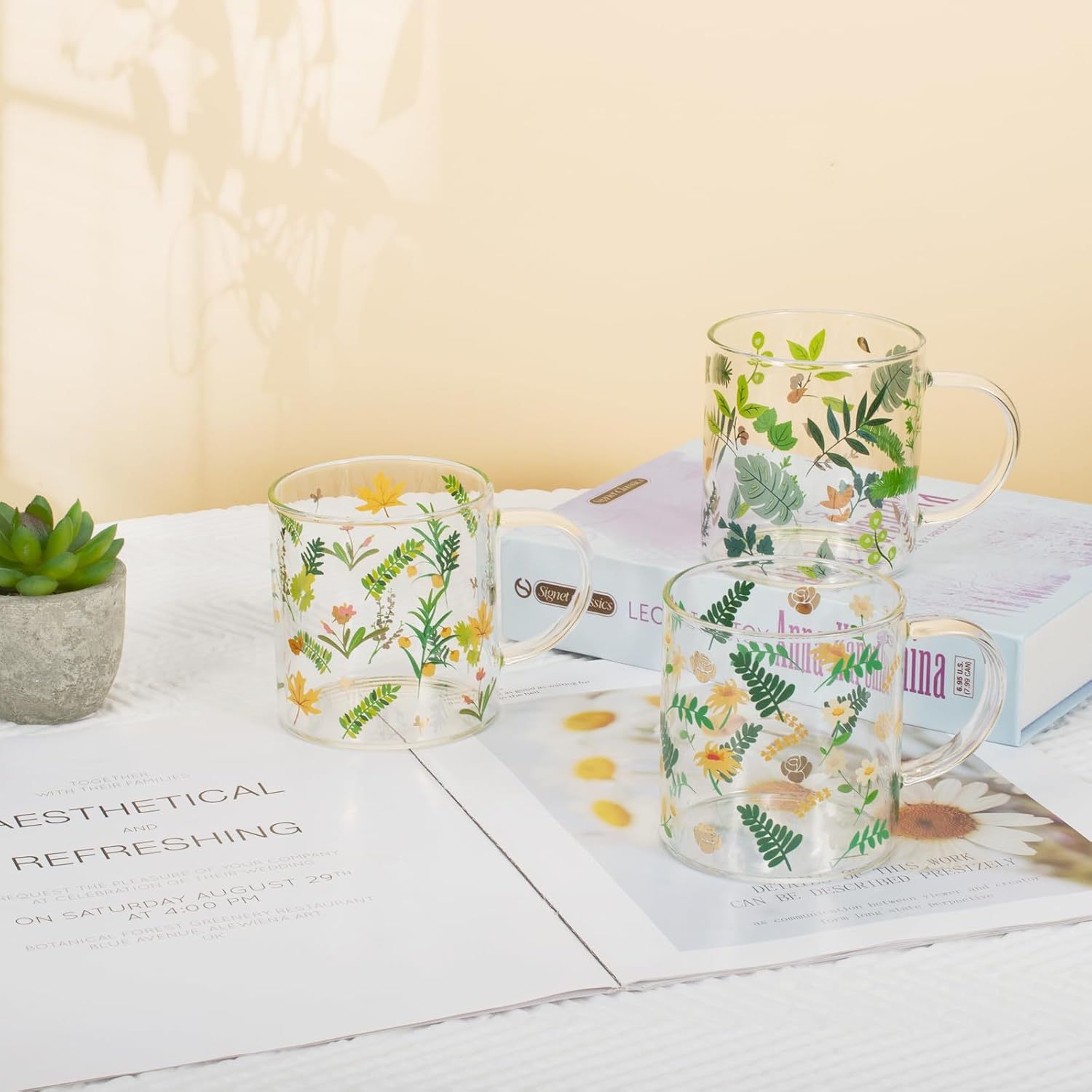 Koythin Taza de café con diseño de hojas de flores, bonita taza de café expreso, vasos para el desayuno, tazas estéticas de 12 onzas, perfectas para