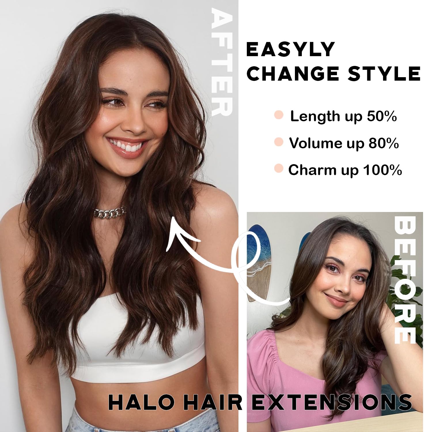 Extensiones de cabello tipo halo de 20 pulgadas, con alambre invisible, largo, ondulado, extensiones de cabello castaño para mujer, tamaño