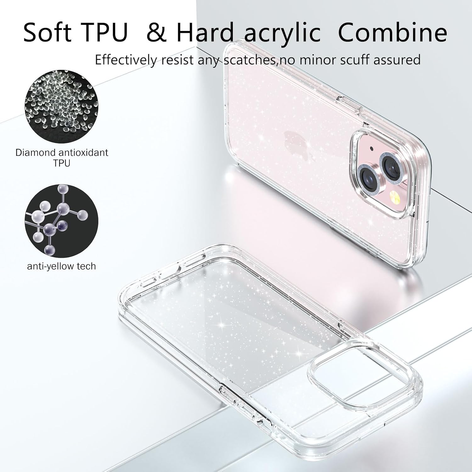 Jasmeas Funda con purpurina para iPhone 15 de 6.1 pulgadas, con 2 unidades protector de pantalla y 2 unidades protector de lente de cámara brillante