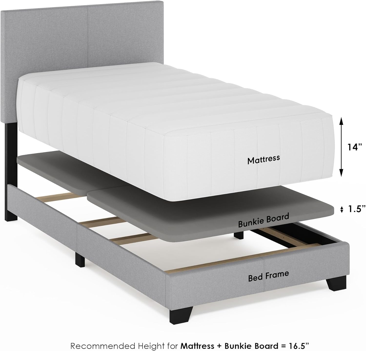 Furinno Pessac – Marco de cama tapizado de tela con soporte de listones de madera, tamaño individual, glaciar