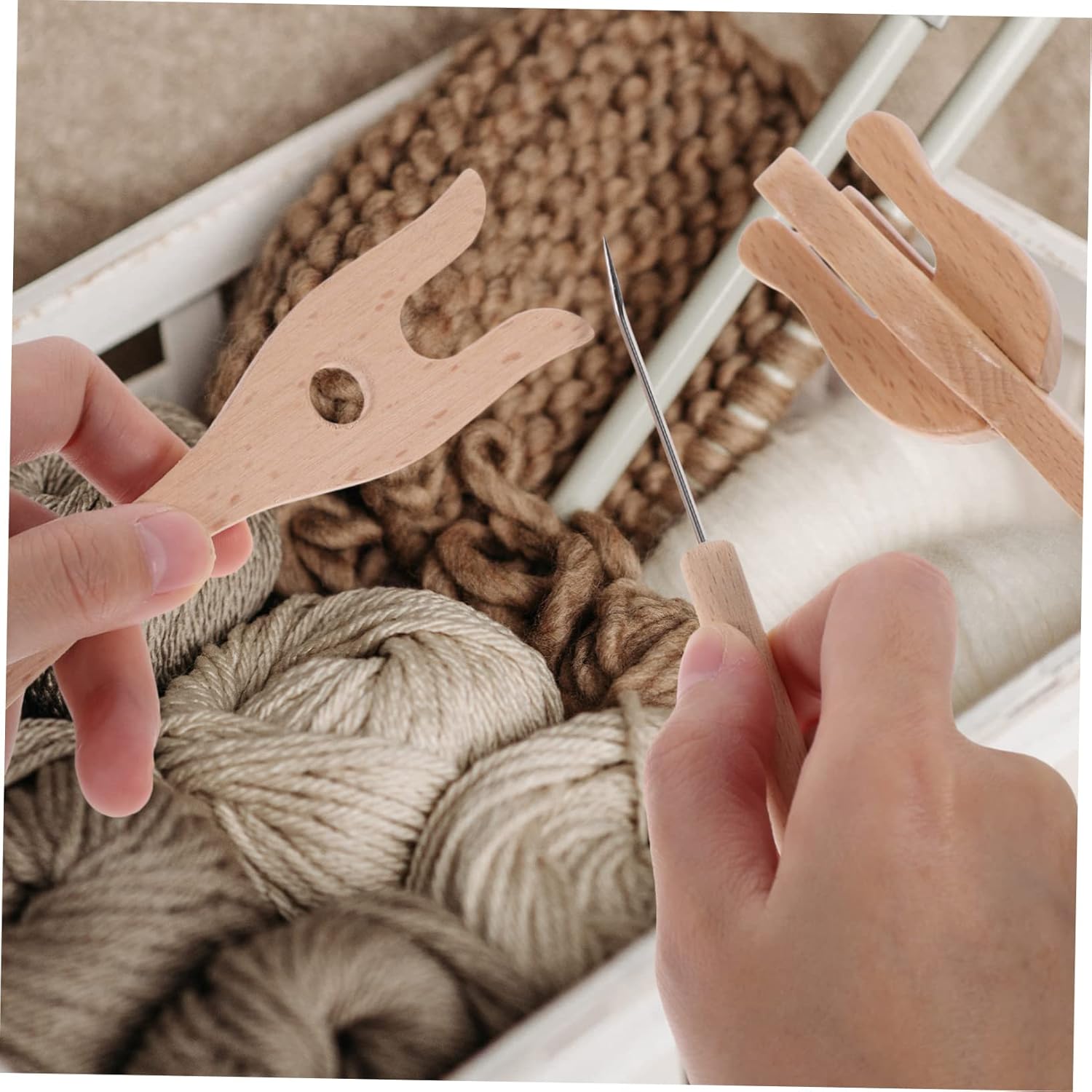 KONTONTY Juego de herramientas de madera para tejer, tenedor de madera, herramientas de tejer, tenedor de ganchillo, herramientas de tejer, juego de