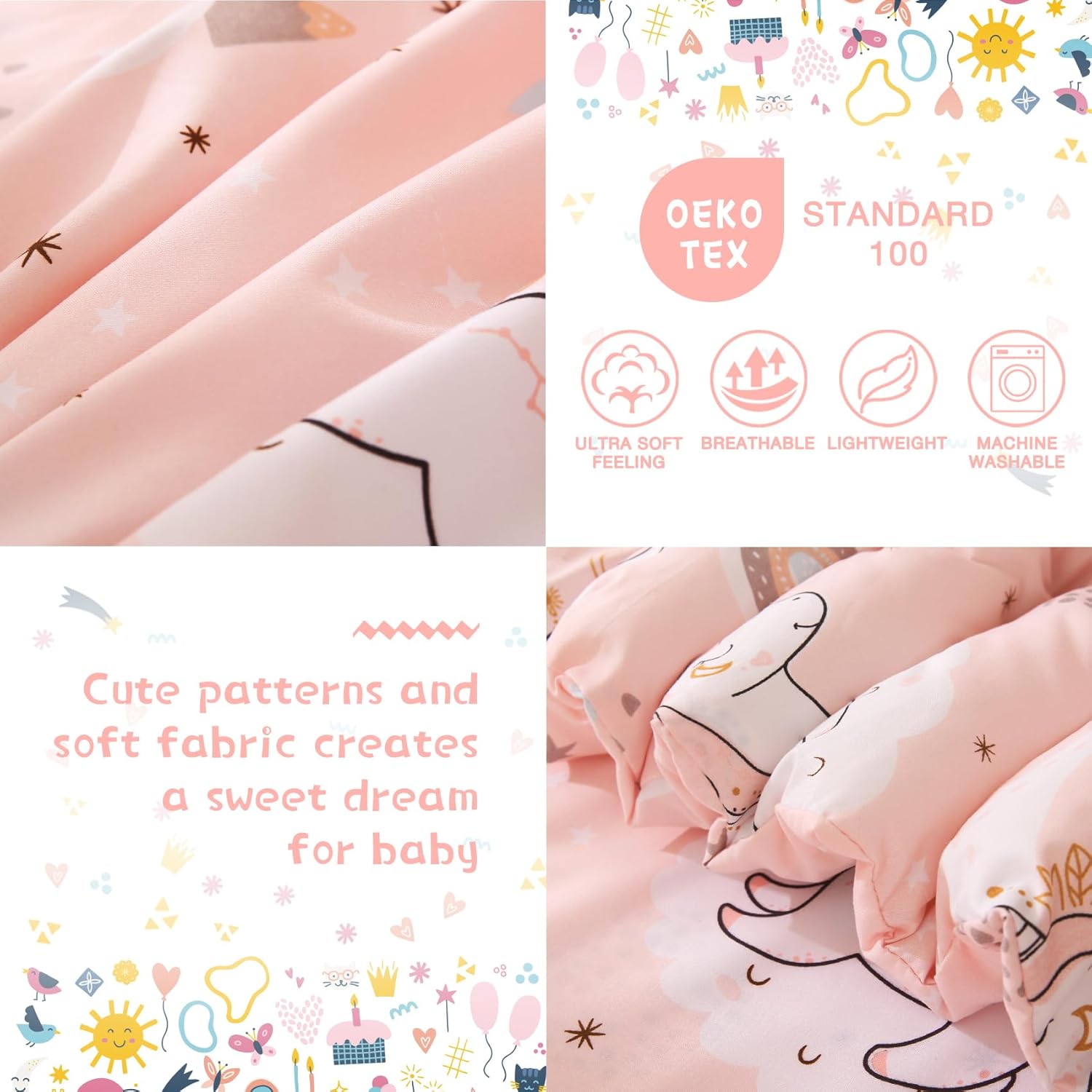 JSD Juego de ropa de cama infantil de 4 piezas de unicornio rosa, juego de edredón de microfibra con estampado de niñas, incluye sábana encimera,