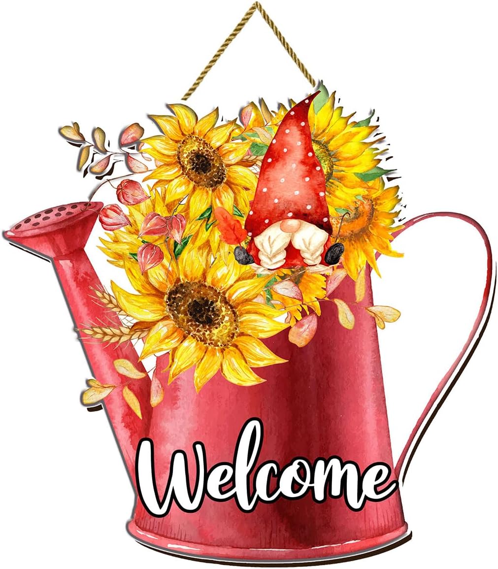 Verano girasol bienvenida puerta signo granja verano girasol gnomo puerta colgante impreso placa de madera colgante decoración de pared, rústico