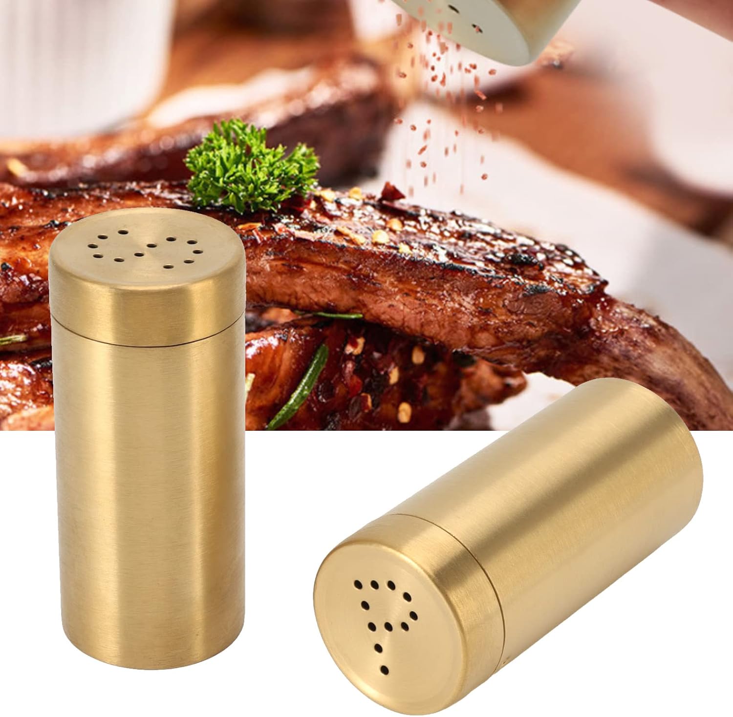 2 saleros y pimenteros, tarro de especias dorado de acero inoxidable a prueba de óxido, botella de condimentos con tapa abierta para sal, azúcar,