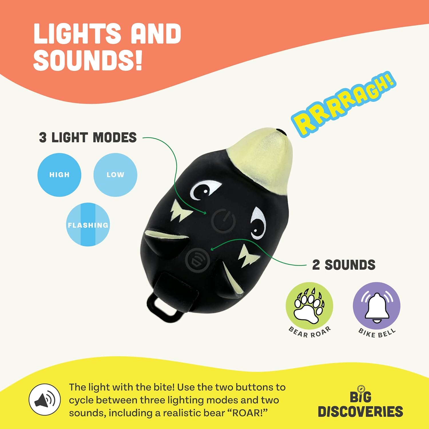 Big Discoveries Bear – Luz LED para bicicleta y scooter para niños con efectos de sonido realistas de rugido y campana, luz divertida y accesorio de
