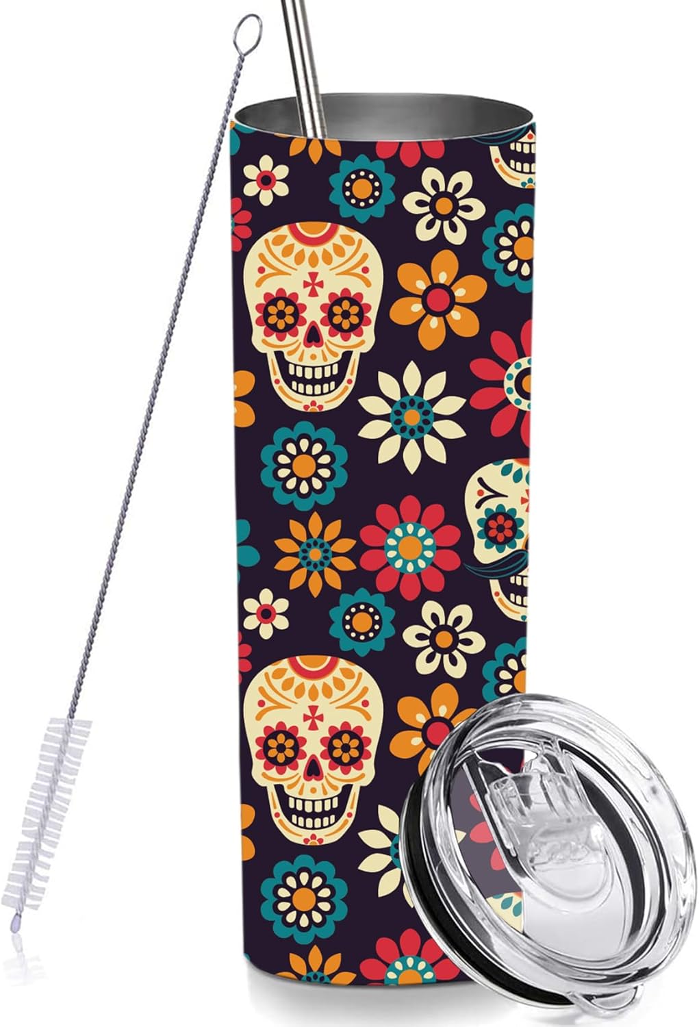 RNFENQS Sugar Skull – Vasos delgados con tapas y pajitas, regalos del Día de los Muertos Mexicanos, vasos de viaje aislados al vacío de acero