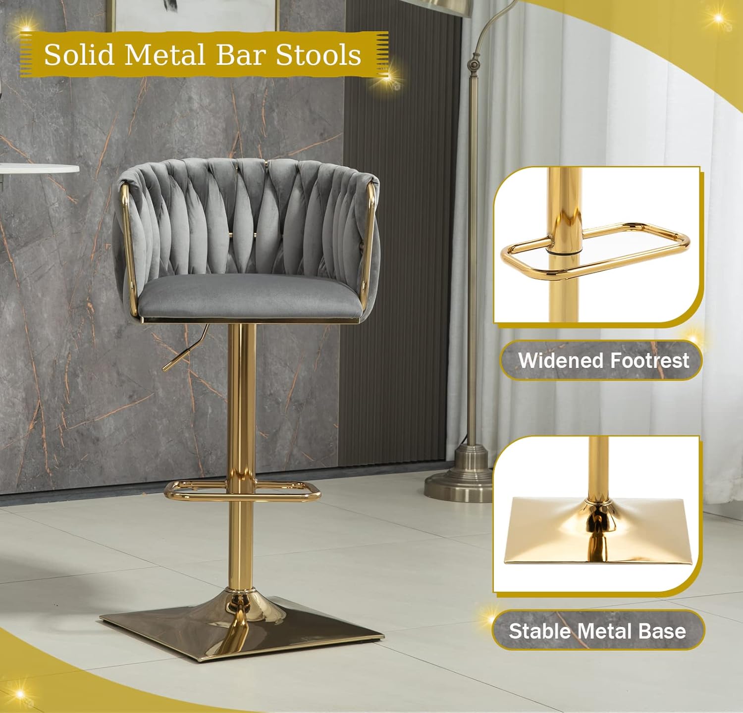 Kurhwyss Juego de 2 taburetes de bar de terciopelo, taburetes de bar giratorios con respaldo tejido, modernas sillas de bar ajustables con base