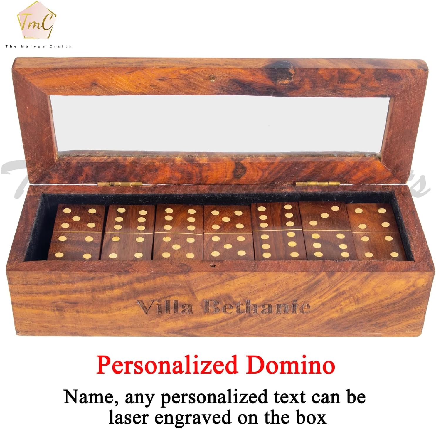 The Maryam Crafts Juego de dominó de madera hecho a mano  Doble seis tamaño profesional con caja de almacenamiento de madera decorativa (palo de