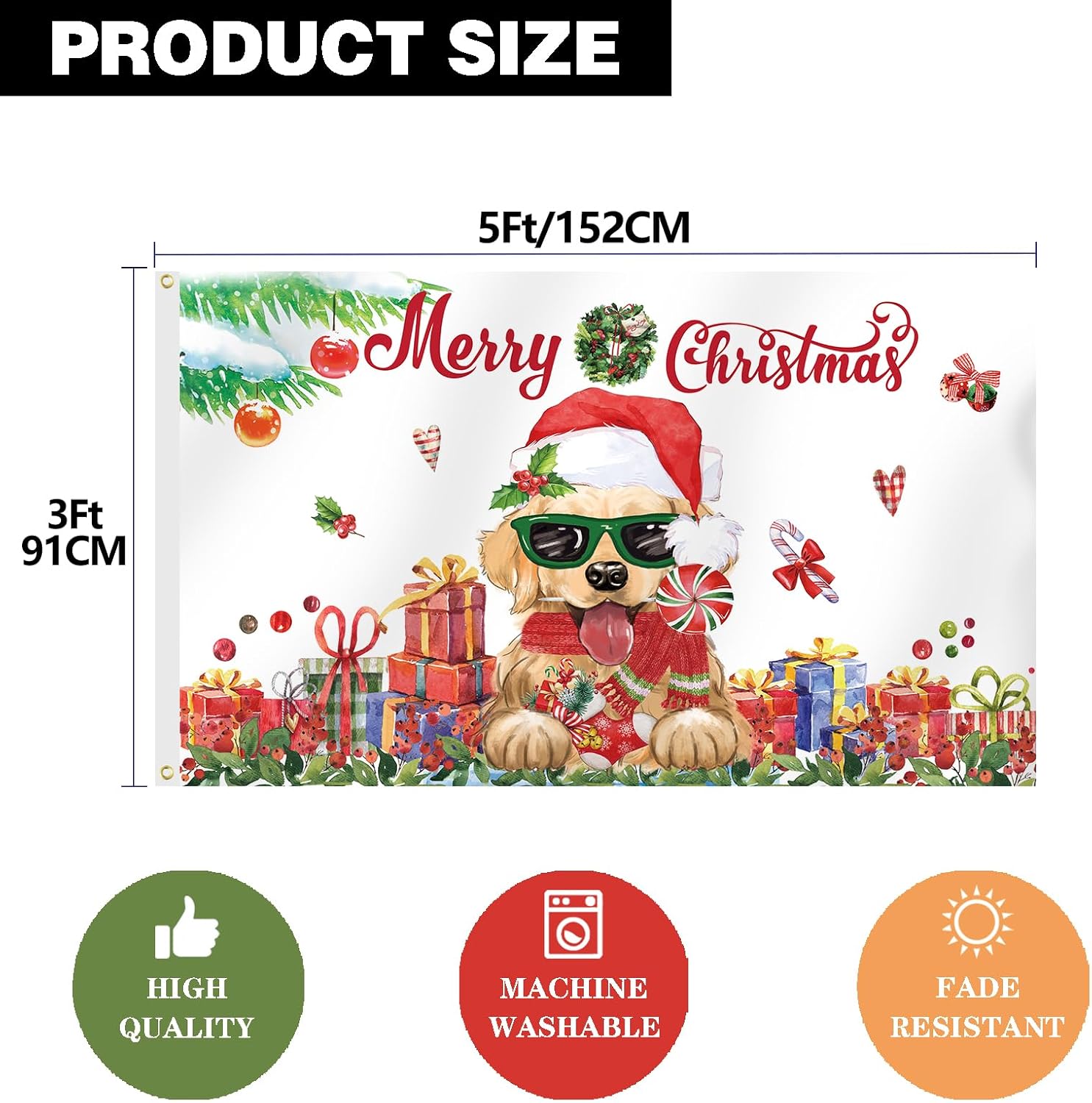 Bandera de perro Golden Retriever de Feliz Navidad, de 3 x 5 pies, de doble cara, cartel de invierno y Navidad al aire libre, bandera de Navidad con