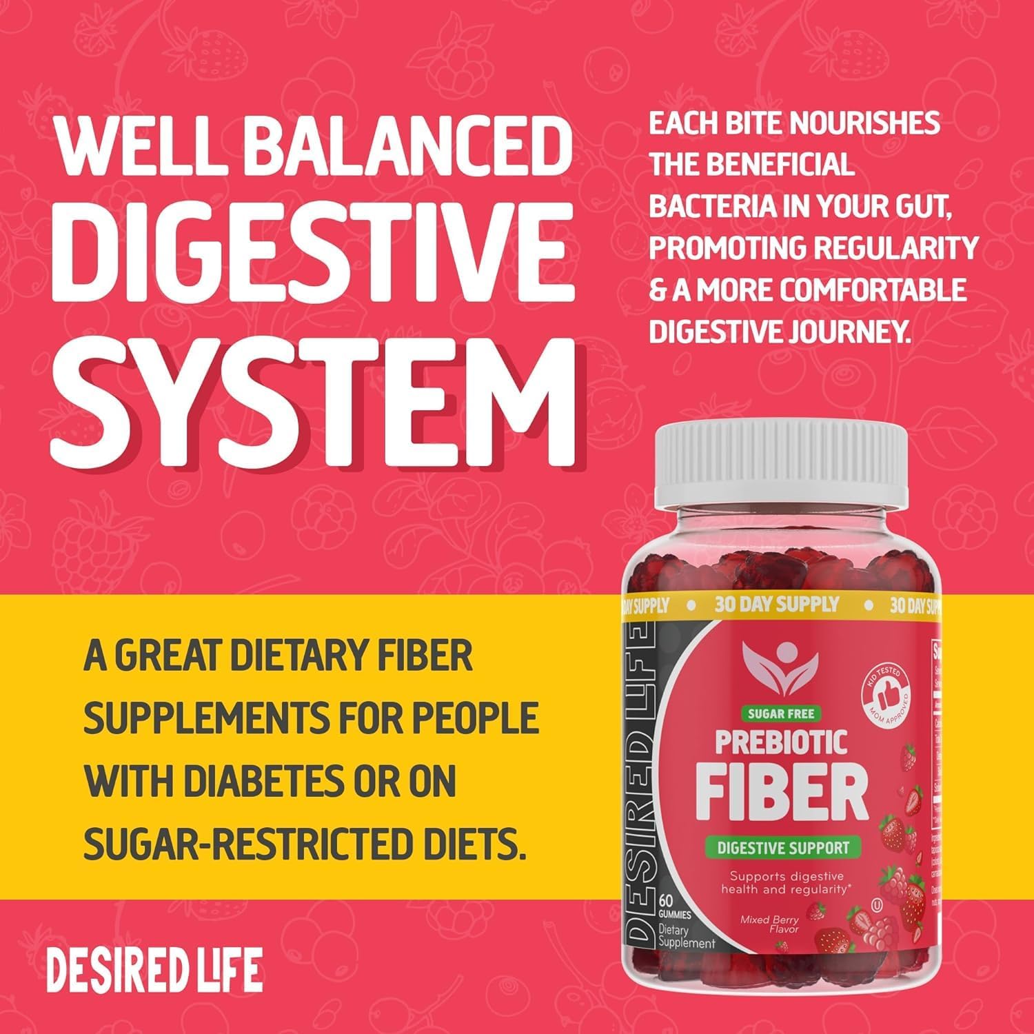 Desired Life Prebiotic Fiber Gummies for Adults and Kids  4g Sugar Free Natural Berry Flavored Gummies – Supports Digestive Health and Metabolism.