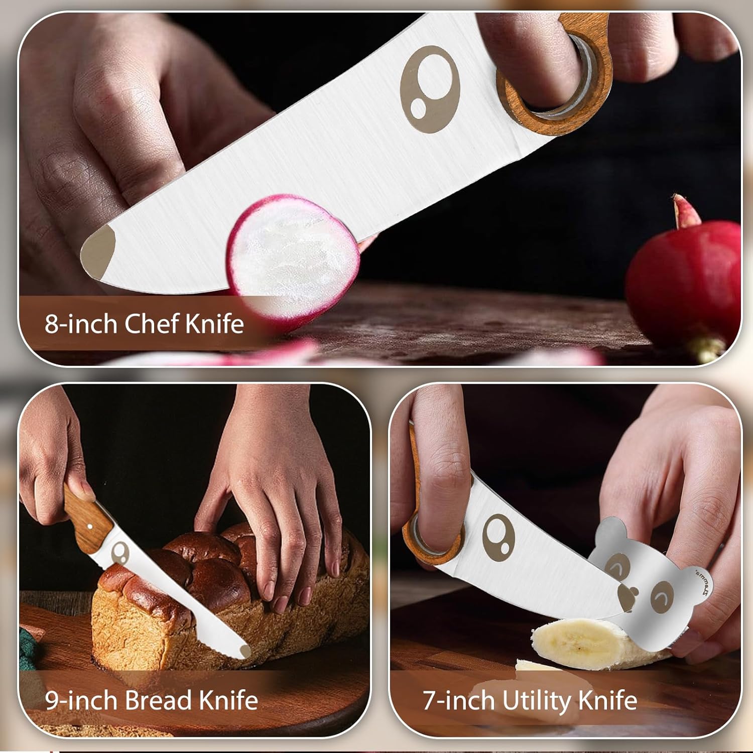 ZLemma Juego de cuchillos de chef reales para niños con mango de madera y hoja de acero inoxidable