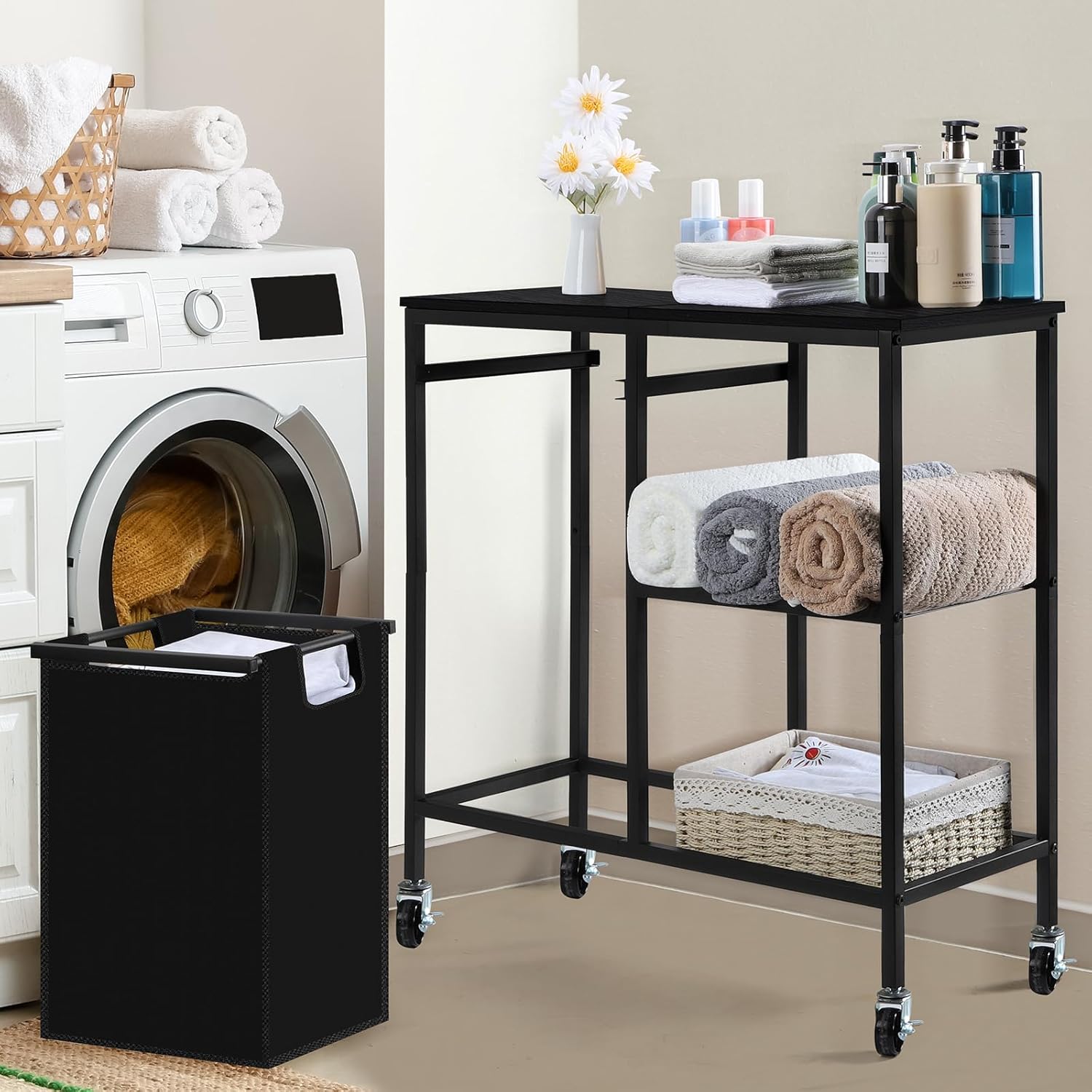 Clasificador de ropa con estante lateral de hierro, cestas de lavandería con bolsas extraíbles y extraíbles de 45 L, cesta de ropa con ruedas,