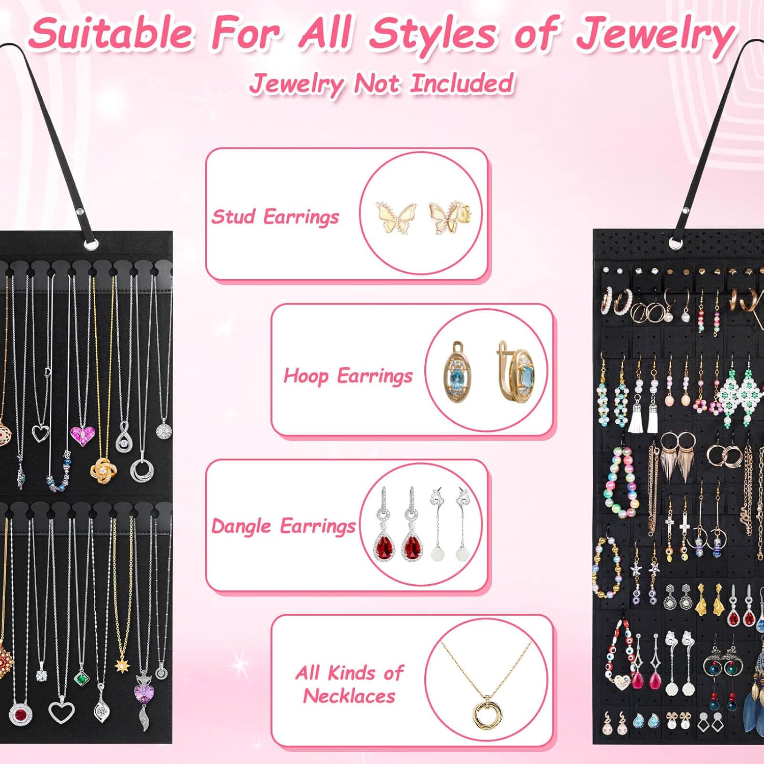 shynek Paquete de 2 organizadores colgantes para joyas, incluye soporte para collares y aretes organizador para collares, aretes, pulseras y