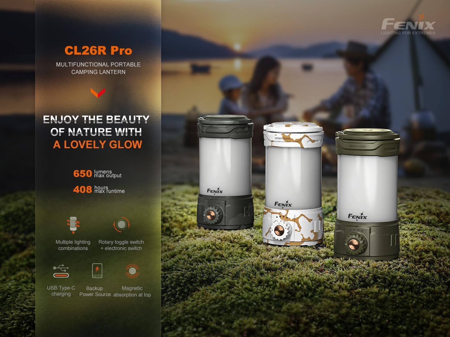 Fenix CL26R Pro – Linterna de campamento, camuflaje gris, 650 lúmenes brillante, recargable USB-C, compacta y portátil, perfecta para huracán,