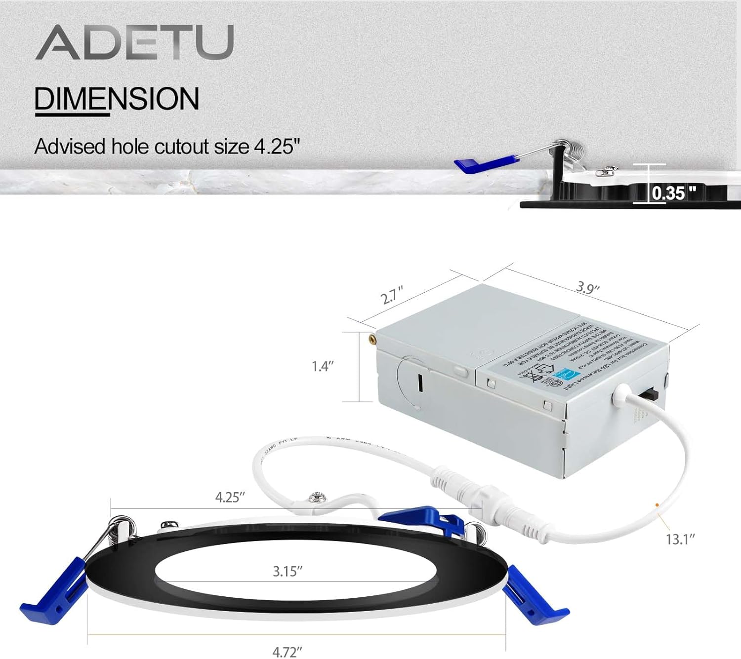 Adetu 6 Pack 4 Inch Black 5CCT Ultra-Thin LED Recessed Ceiling Light with Junction Box,Dimmable Canless Wafer Downlight2700K-5000K Selectable,9W Eqv