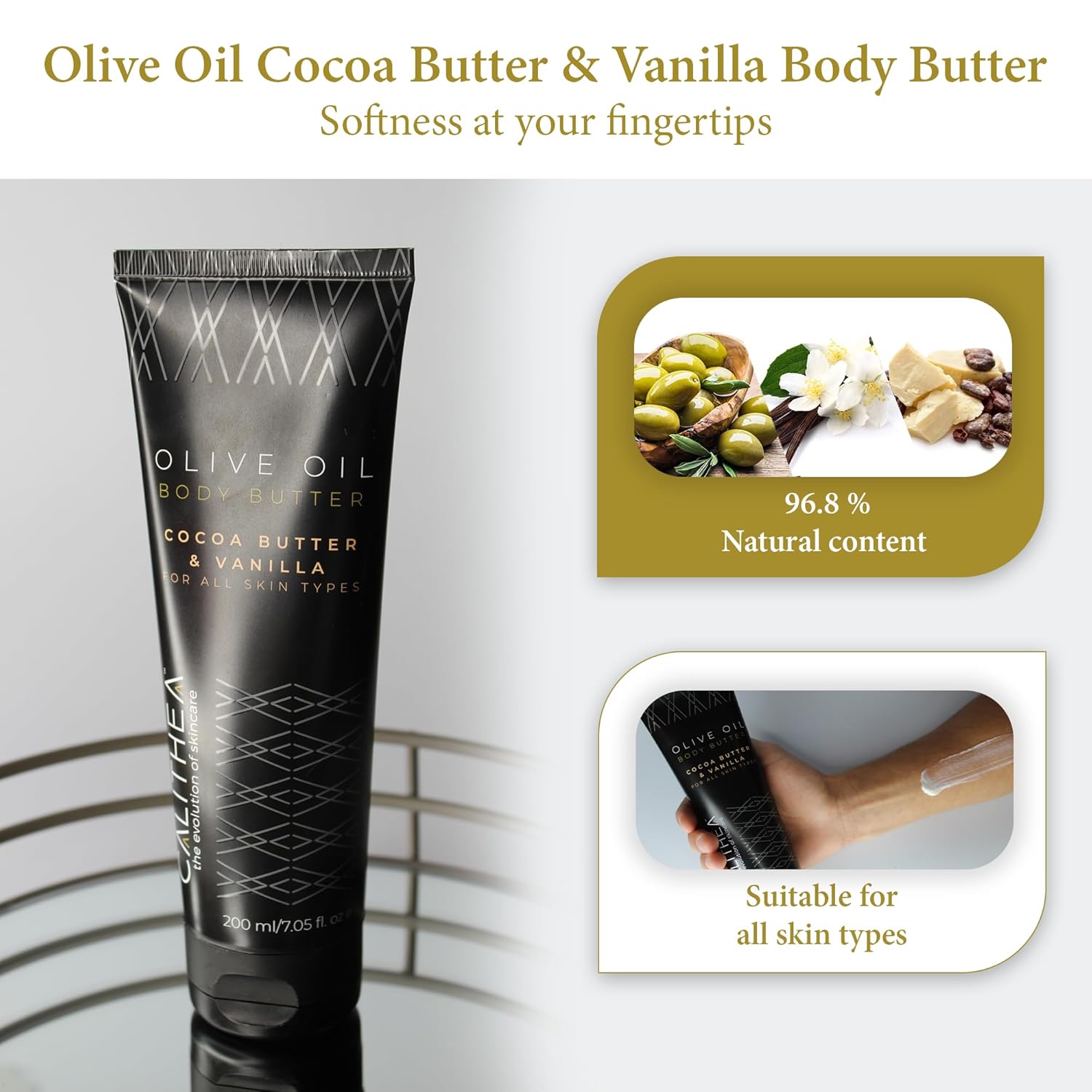 Juego corporal de 3 pasos aceite de oliva, manteca de cacao y mantequilla corporal de vainilla, crema de manos con manzanilla y aguacate, jabón de