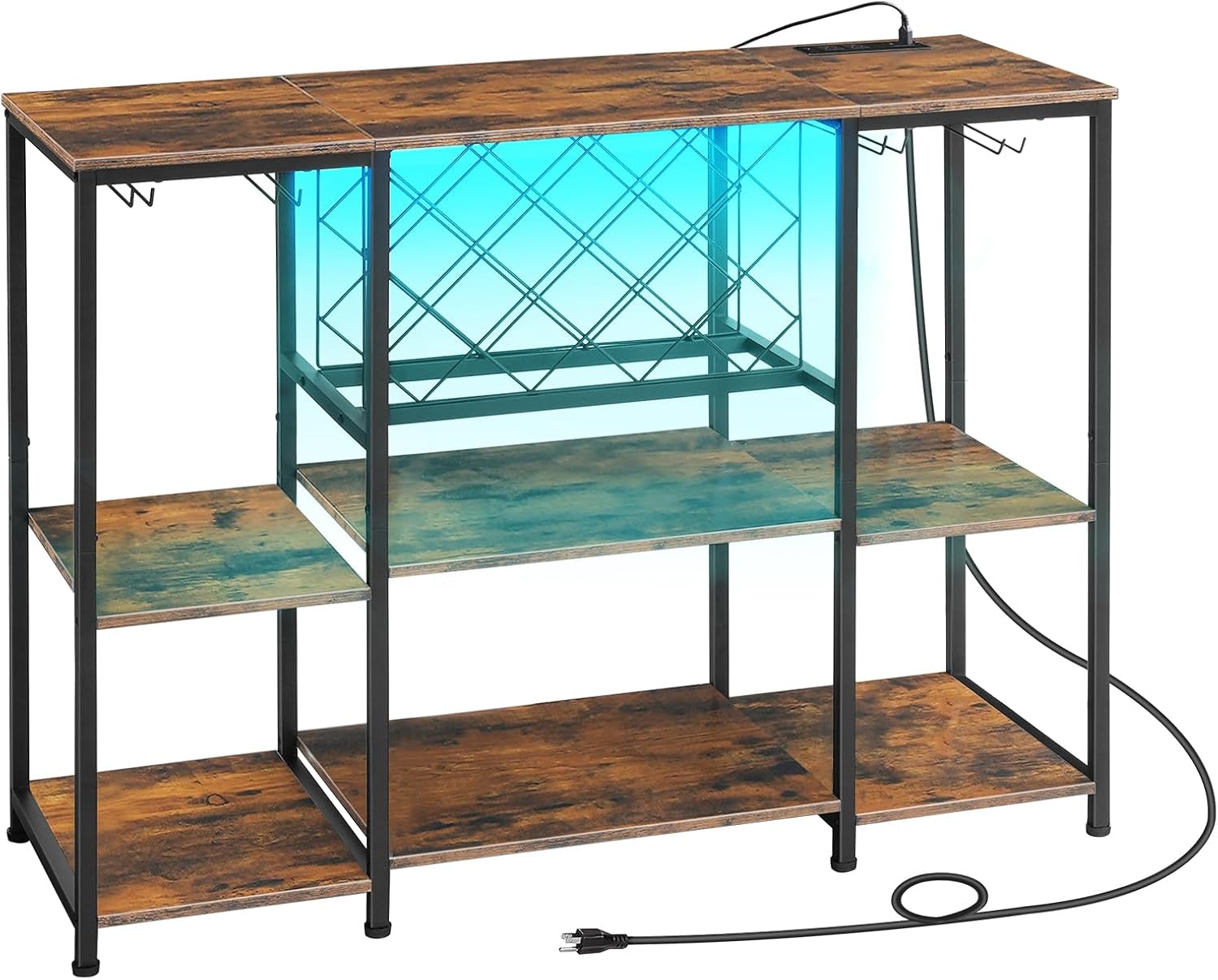 HOOBRO Gabinete de bar de vinos con luz LED y tomas de corriente, mesa de estante de vino para bebidas y vasos, gabinete de bar de café con estante