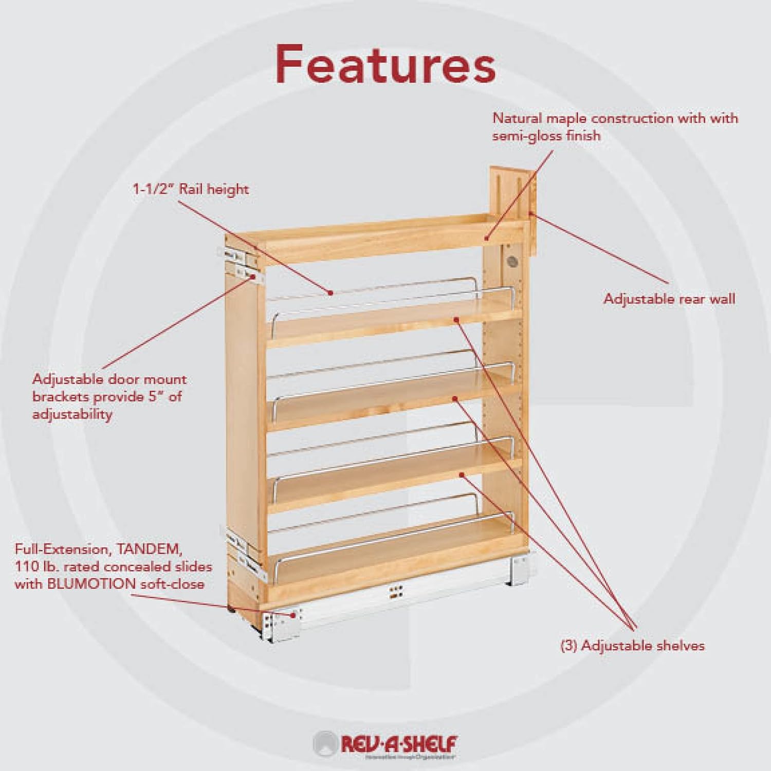 Rev-A-Shelf Organizador de almacenamiento extraíble de 5.5 pulgadas para gabinetes de cocina y baño con diapositivas de extensión completa de cierre