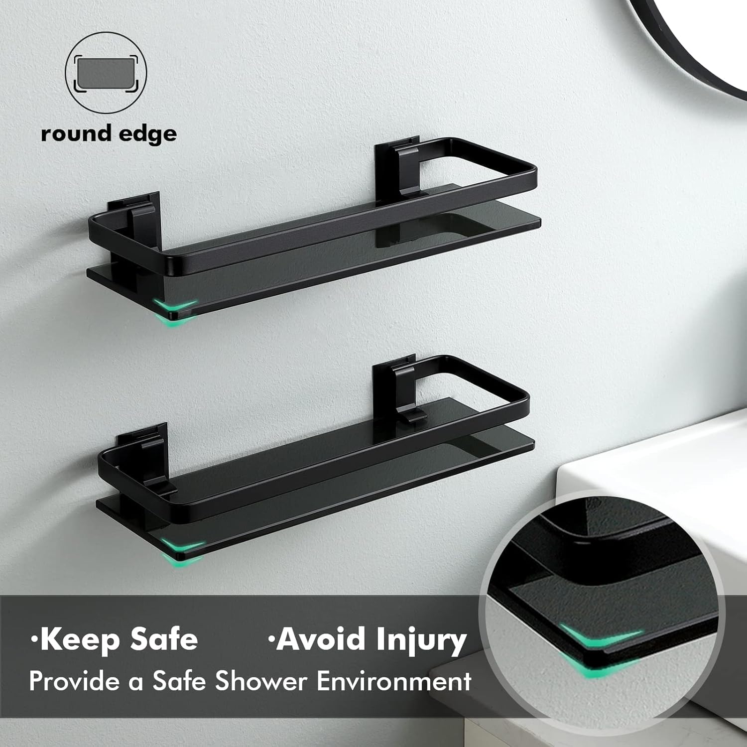 KES Estante de vidrio negro para baño, estante de pared de vidrio templado extra grueso, rectangular, paquete de 2, estante flotante de vidrio de