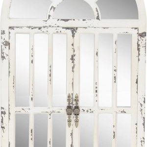 Deco 79 Espejo de pared inspirado en paneles de ventana de madera con parte superior arqueada y desgastado, 26 x 3 x 46 pulgadas, color blanco Deco 79 Espejo de pared inspirado en paneles de ventana de madera con parte superior arqueada y desgastado, 26 x 3 x 46 pulgadas, color blanco