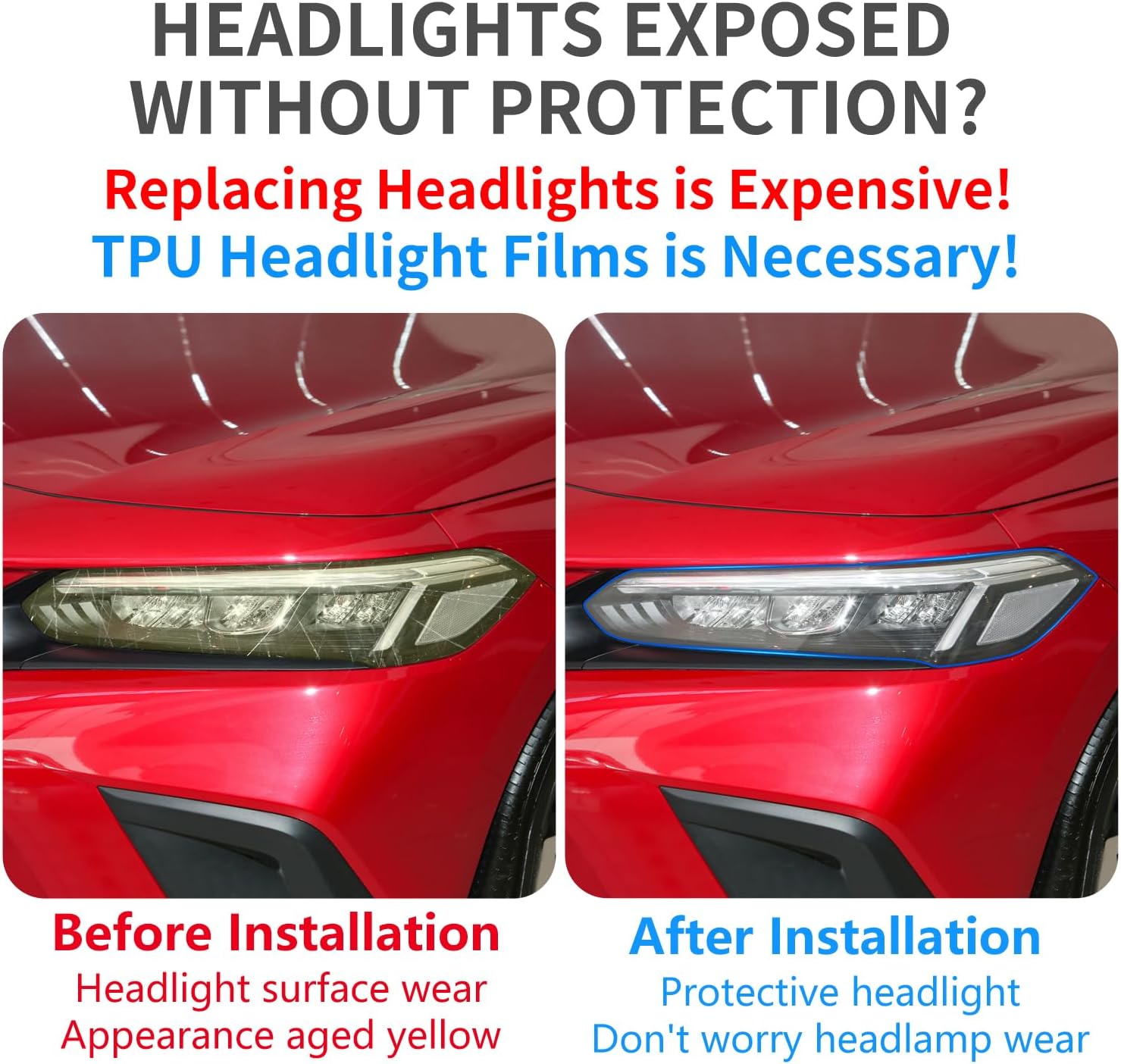 LUNQIN Película protectora de faros delanteros de automóvil para Honda Civic 2022-2024 de 11 generación, accesorios de automóvil, decoración