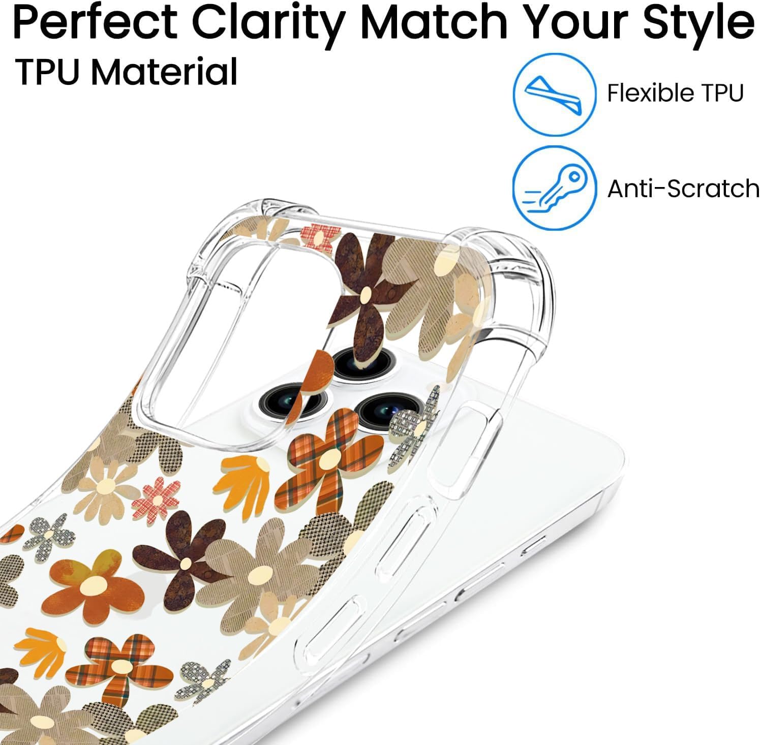Funda transparente para iPhone 15 Pro con diseño de flores retro, TPU suave, absorción de golpes, diseño delgado en relieve, funda protectora para