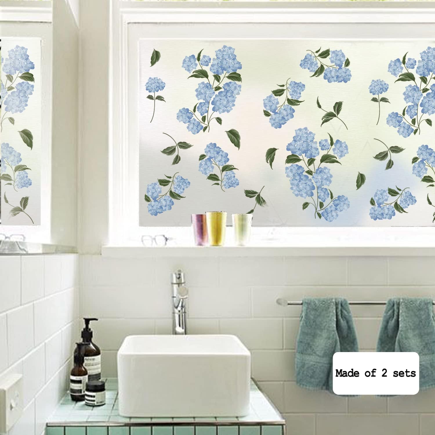 Calcomanías florales de hortensias pequeñas de otoño, calcomanías de privacidad para ventana, no adhesiva, película de vidrio de doble cara para