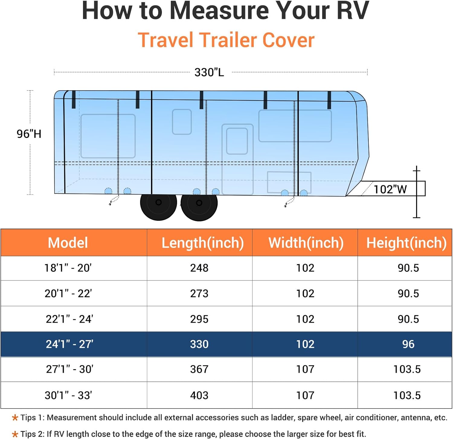 VIGORVAN Funda mejorada para caravana, cubierta extra gruesa para remolque de viaje, funda duradera para autocaravana de 24 pies 1 pulgada a 27 pies